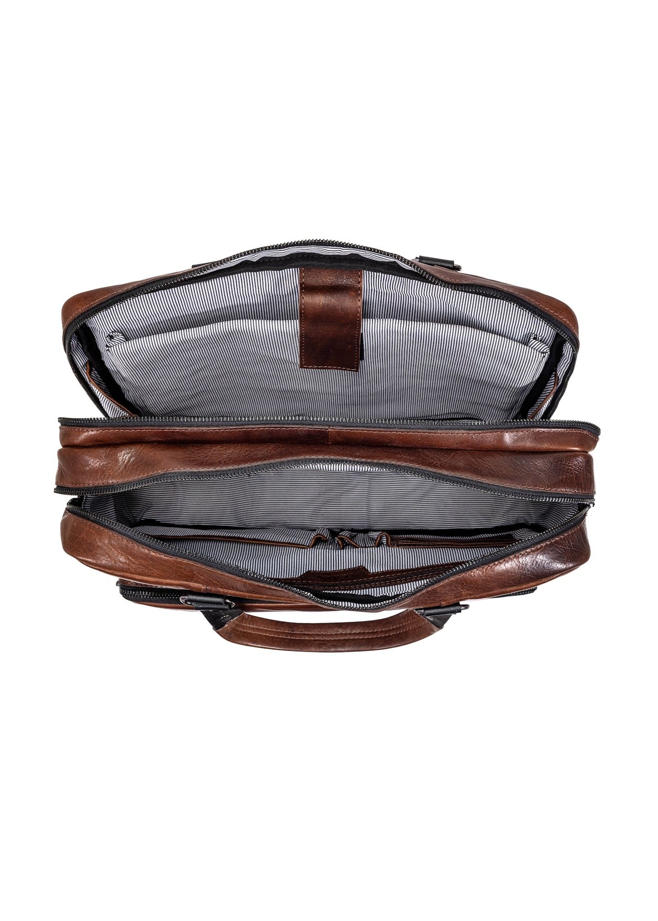 Pánska hnedá kožená taška TORMS-0100-1H(W26), pohľad na produkt vo vnútri na bielom pozadí.