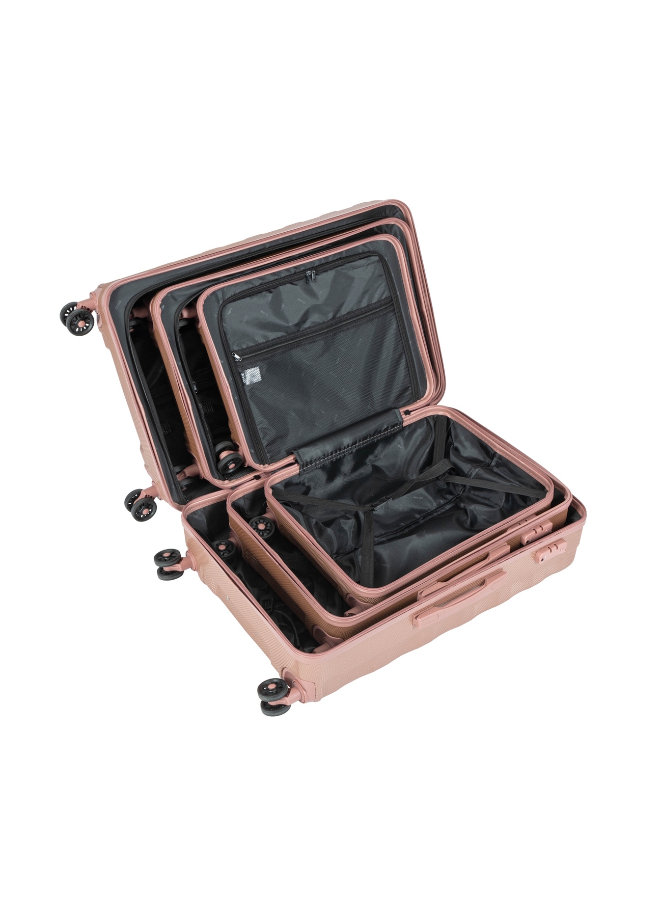 Sada kufrov na kolieskach 19'/24'/28' WALPC-0015-5B(W26), pohľad na produkty vo vnútri na bielom pozadí.