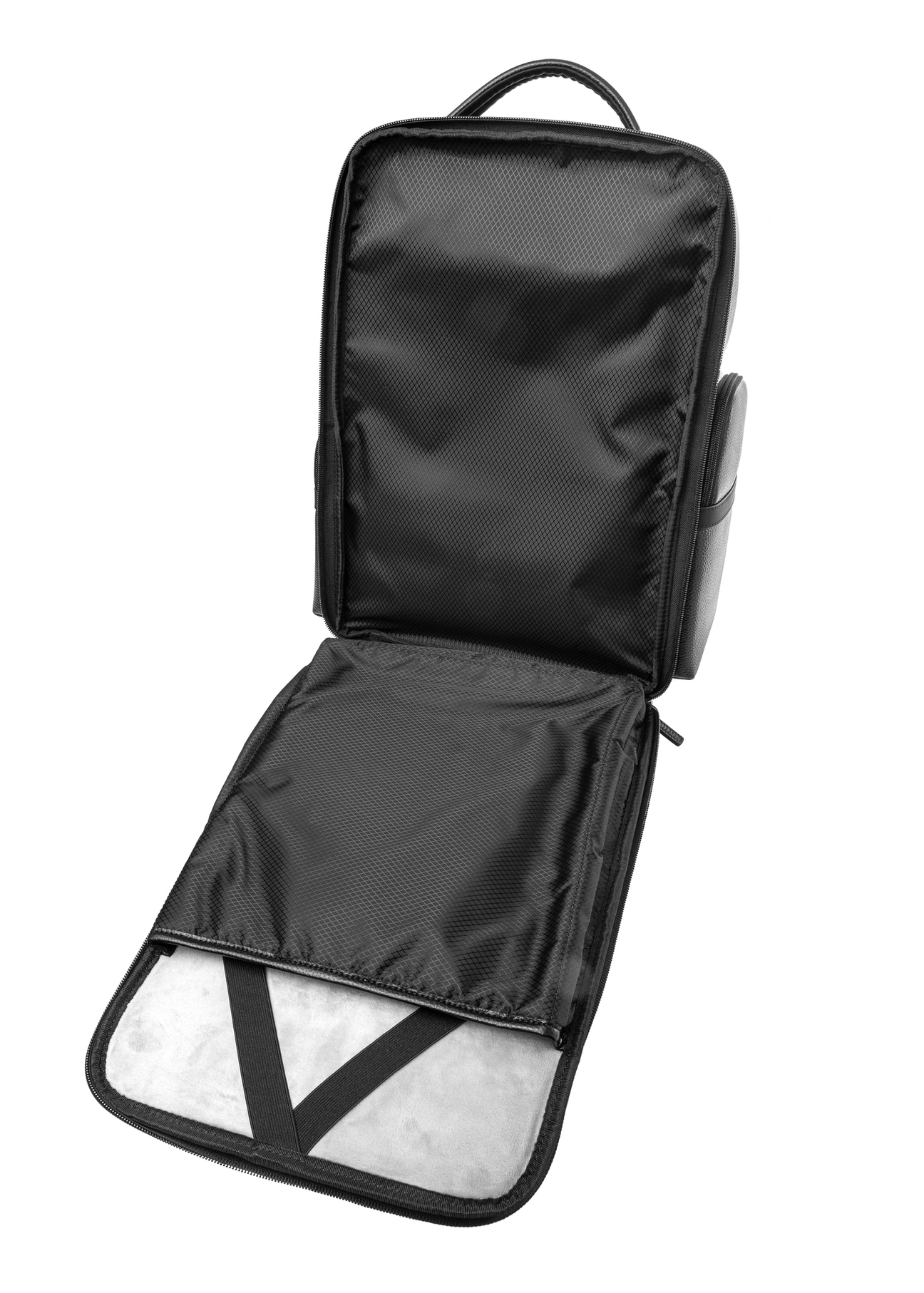 Čierny priestranný pánsky batoh PLCMS-0022-99(Z25), pohľad na produkt zvnútra na bielom pozadí.