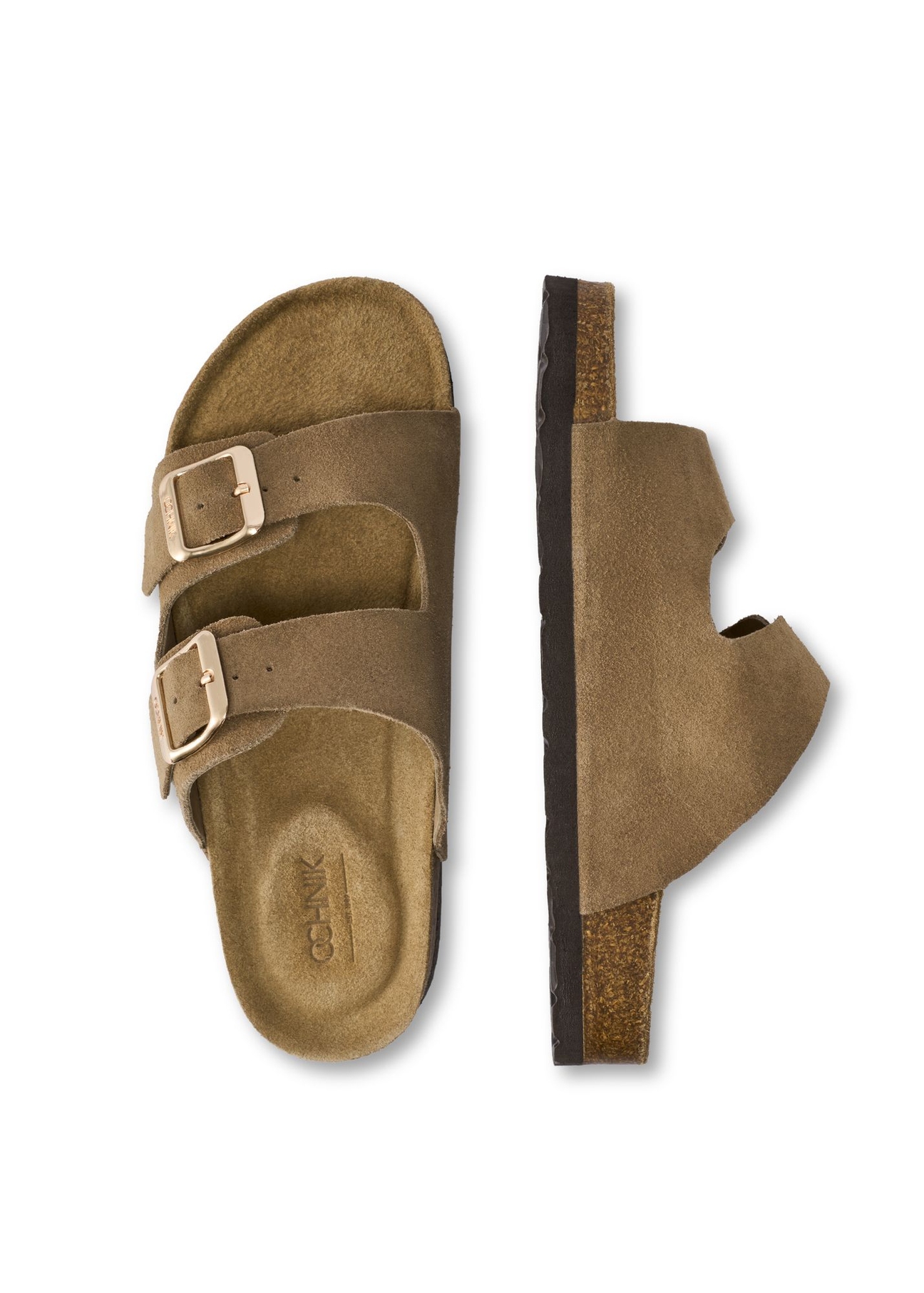 Dámske kožené žabky v chladnej béžovej farbe BUTYD-1158-1K(W26), pohľad na produkt zhora na bielom pozadí.