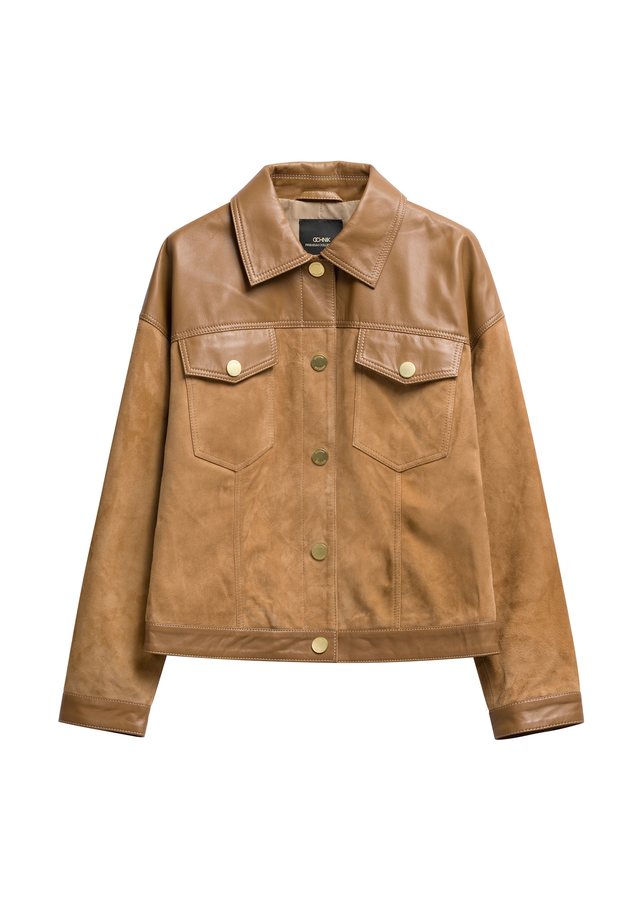 Dámska béžová kožená bunda KURDS-0572-1B(W26), pohľad spredu na bielom pozadí.