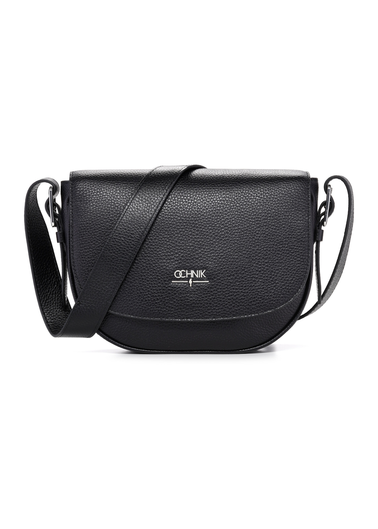 Čierna kožená dámska kabelka cez rameno TORES-1218-9I(W26), pohľad spredu na bielom pozadí.