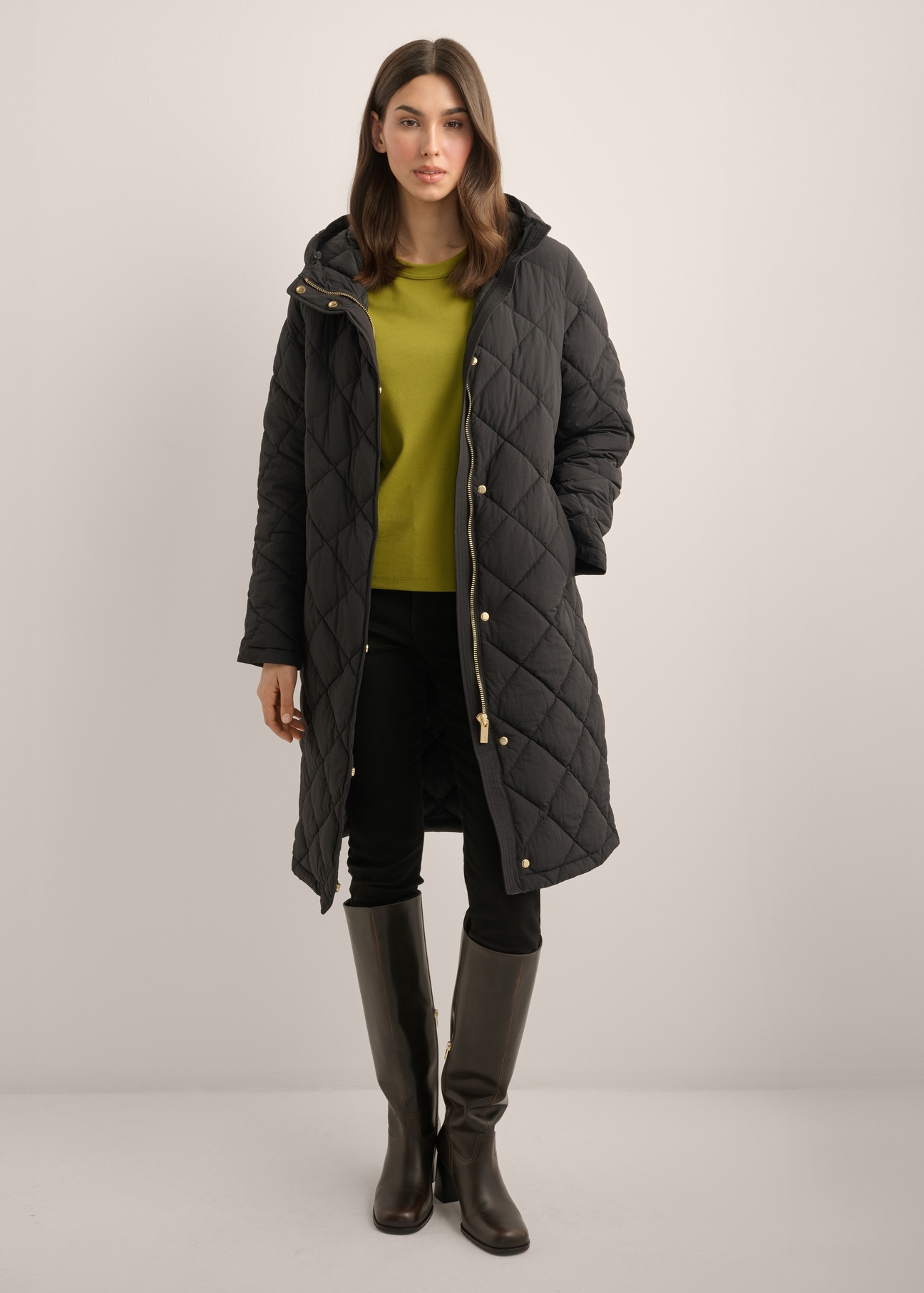 Women's black quilted jacket KURDT-0667-99(Z26), front view of the product on a model. Full body visible.