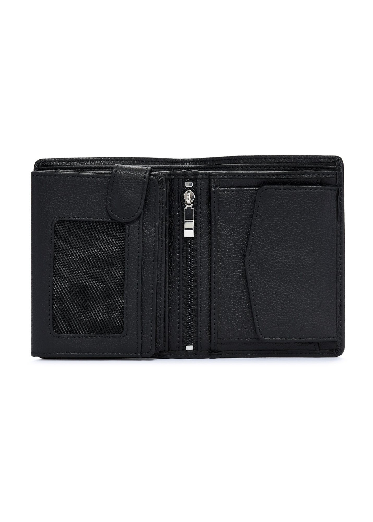 Čierna pánska kožená peňaženka PORMS-0632A-9I(W26), pohľad na produkt vo vnútri na bielom pozadí.