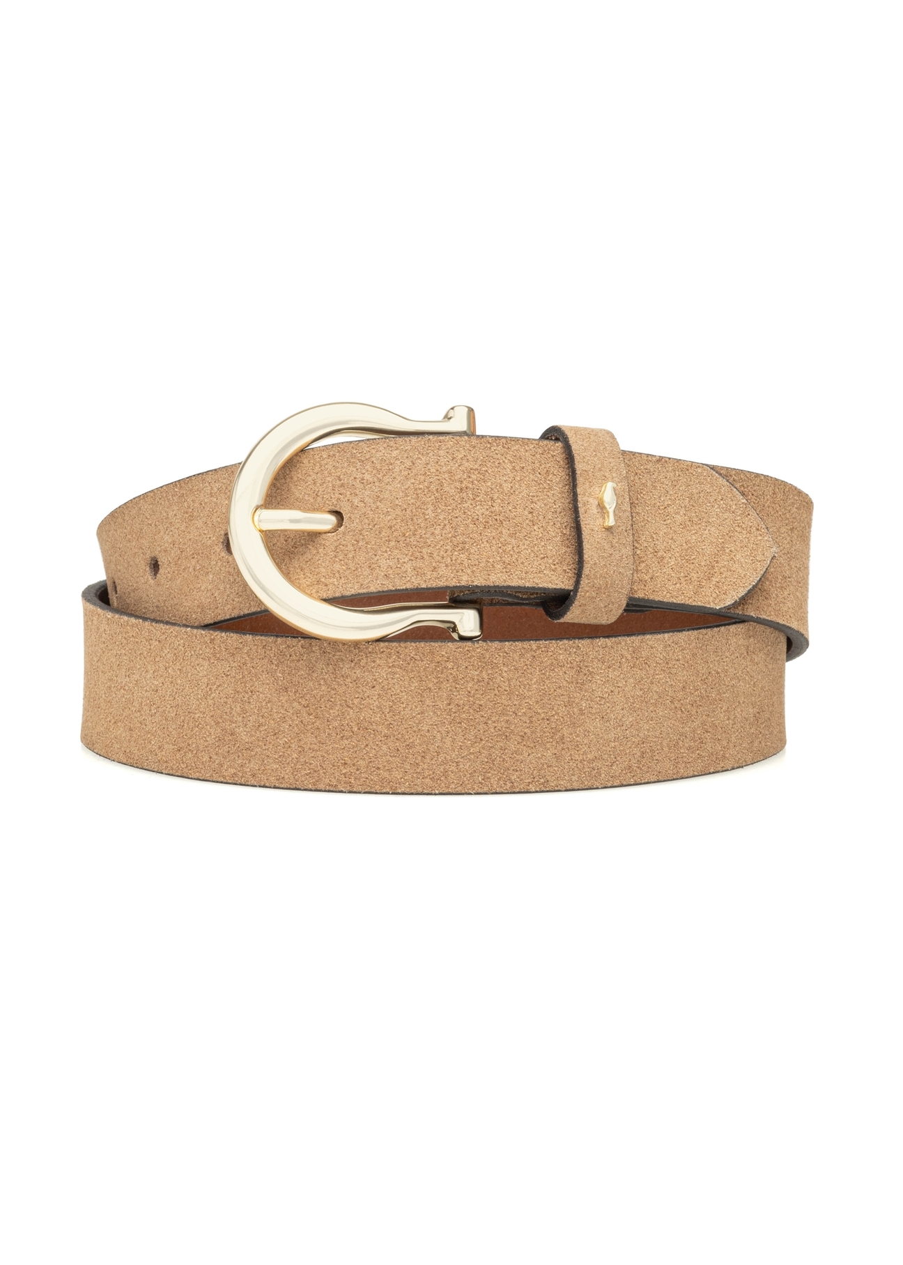 Dámsky kožený opasok béžovej farby PASDS-0274-1B(W26) - pohľad spredu na produkt, na bielom pozadí.