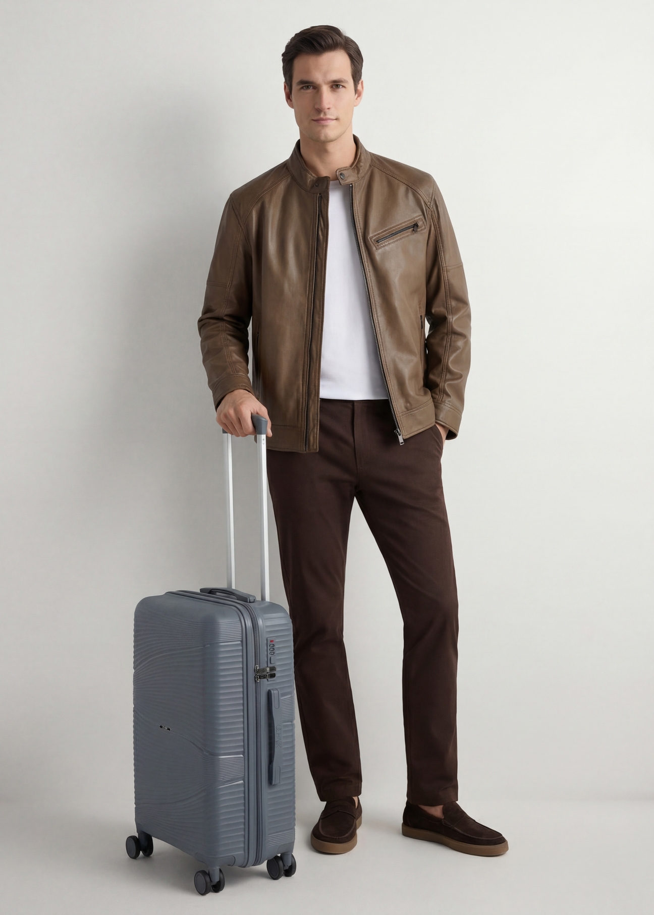 Malý kufor na kolieskach WALPP-0021-9B-19(W26), diagonálny pohľad na produkt vedľa siluety modelky.