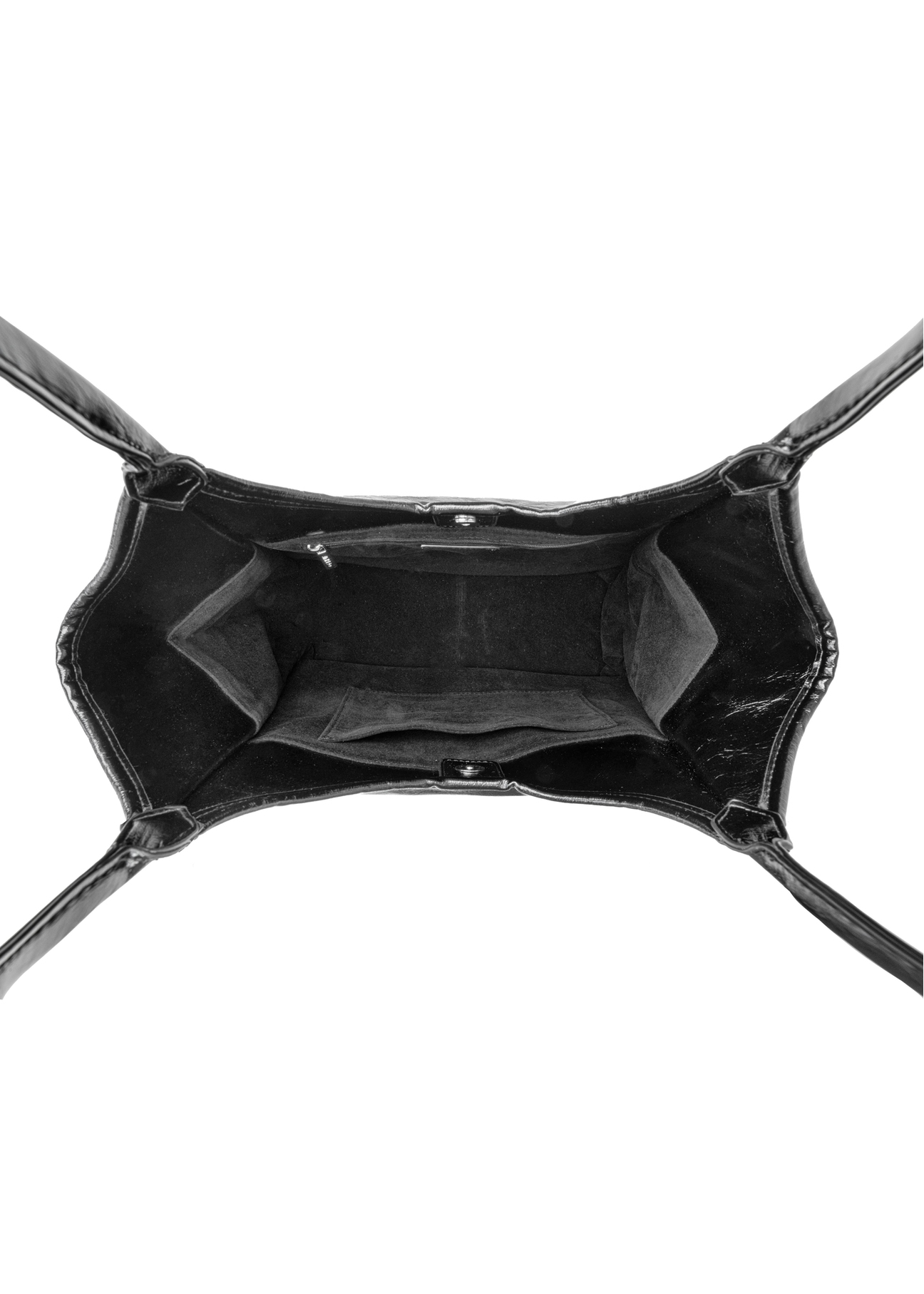 Čierna dámska nákupná kabelka TOREC-1122-9F(W26), pohľad na produkt vo vnútri na bielom pozadí.