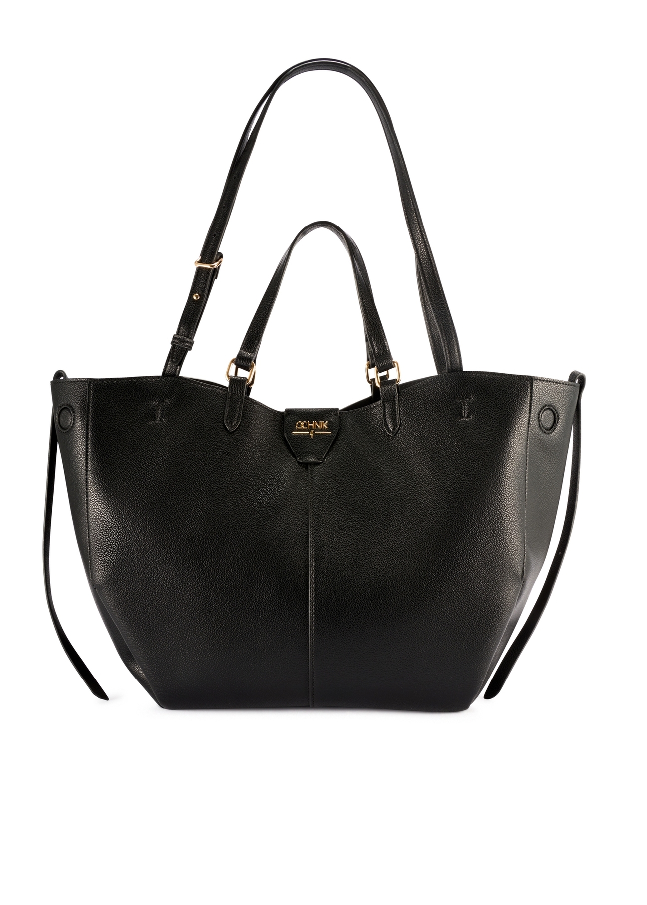 Veľká čierna nákupná taška TOREC-1201-99(W26), pohľad spredu na bielom pozadí.