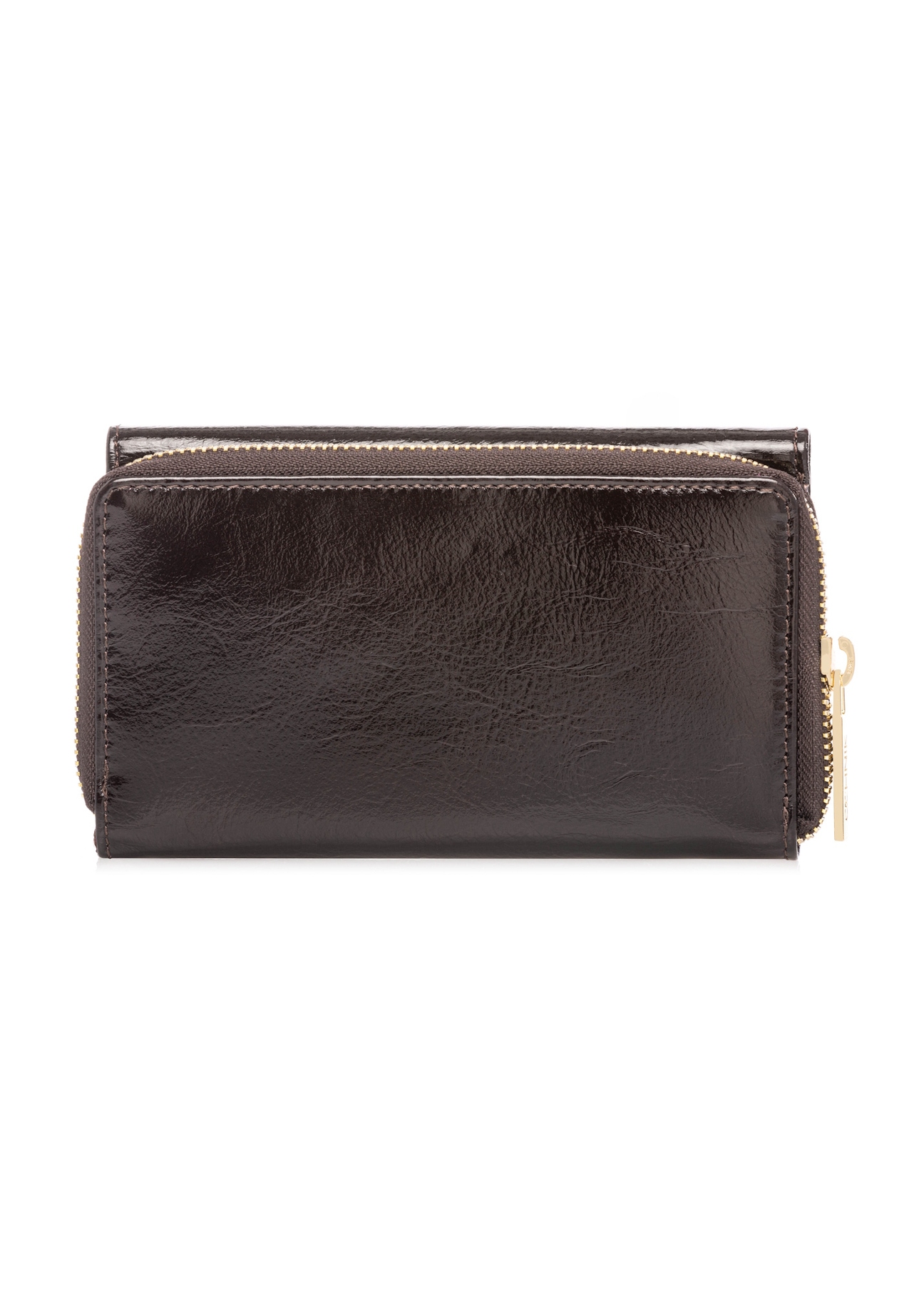 Dámska kožená peňaženka tmavohnedej farby PORES-0987-1I(W26), pohľad zozadu na produkt na bielom pozadí.