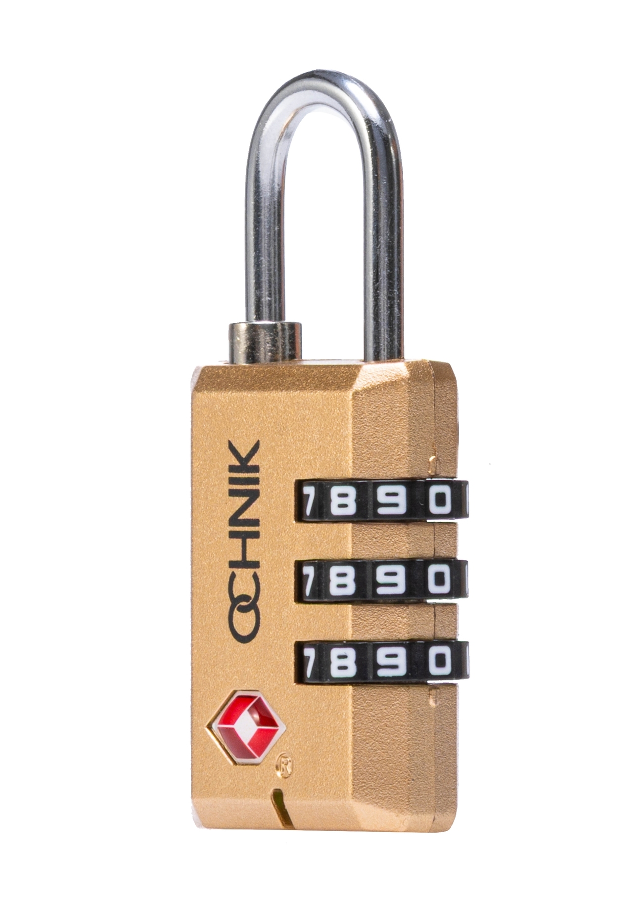 Zlatý kombinovaný zámok TSA AW-015-0002-28(W25), diagonálny pohľad na produkt na bielom pozadí.