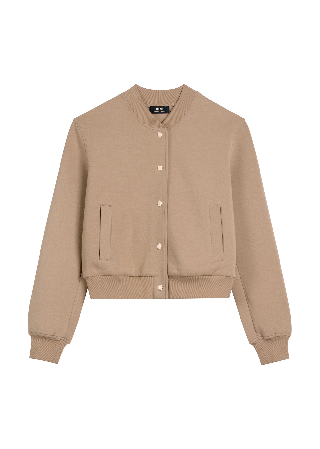 Dámska mikina v ťavej farbe BLZDT-0121-1D(W26), pohľad spredu na bielom pozadí.