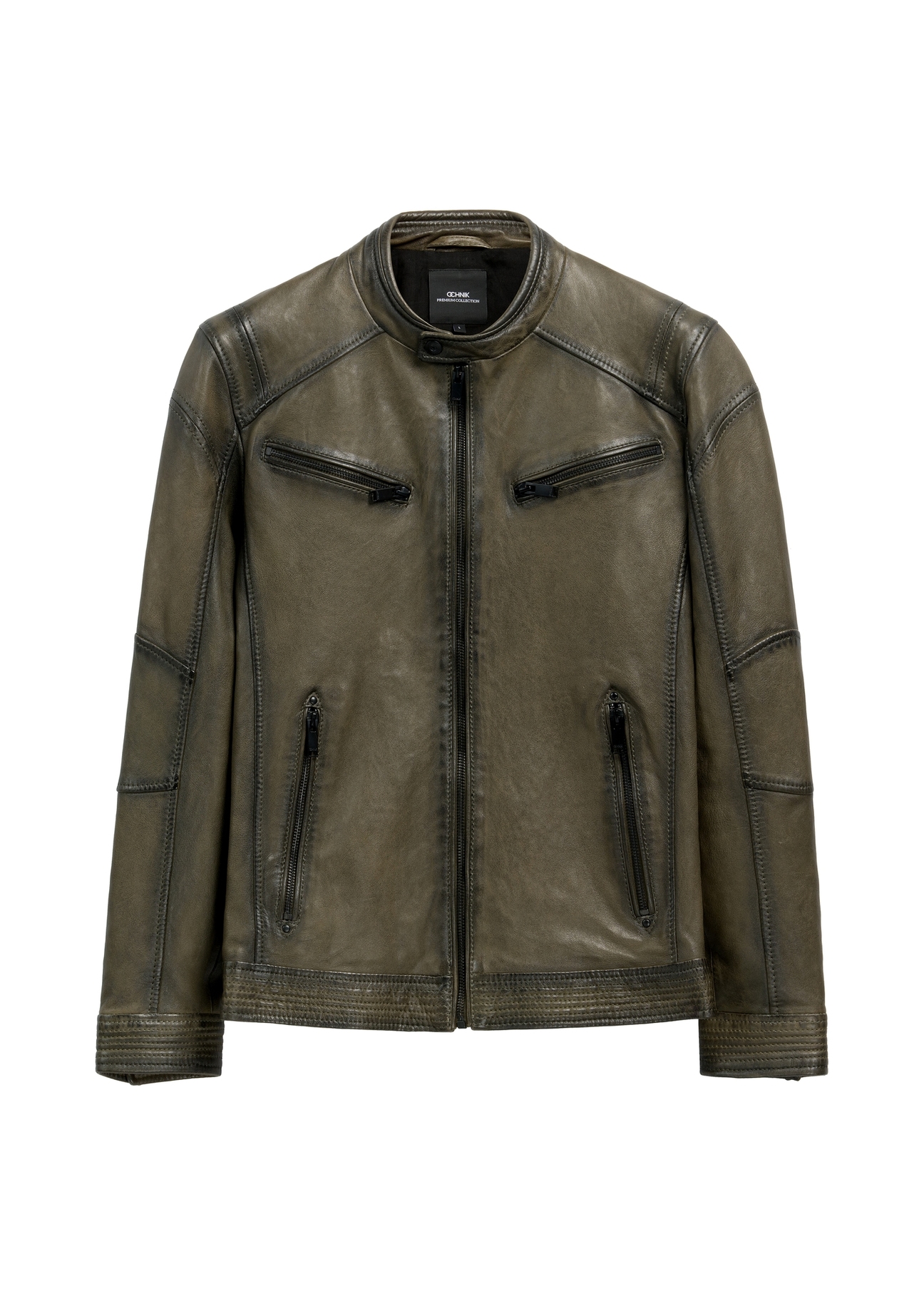 Pánska khaki kožená bunda KURMS-0403-8D(W26) - pohľad spredu na produkt, na bielom pozadí.