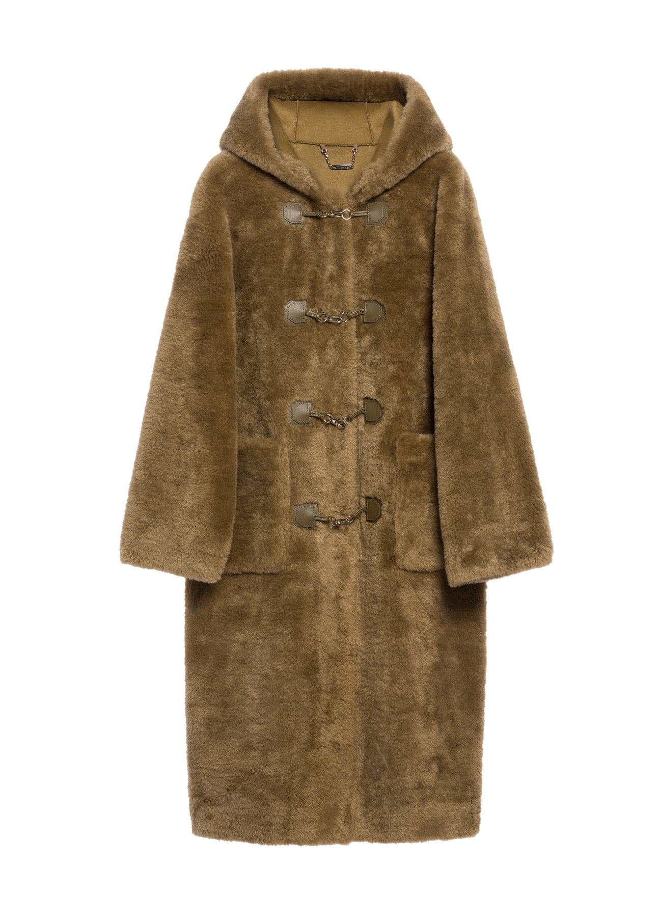 Dámsky khaki kožuch FUTDP-0070-55(Z25), pohľad na produkt spredu na bielom pozadí.