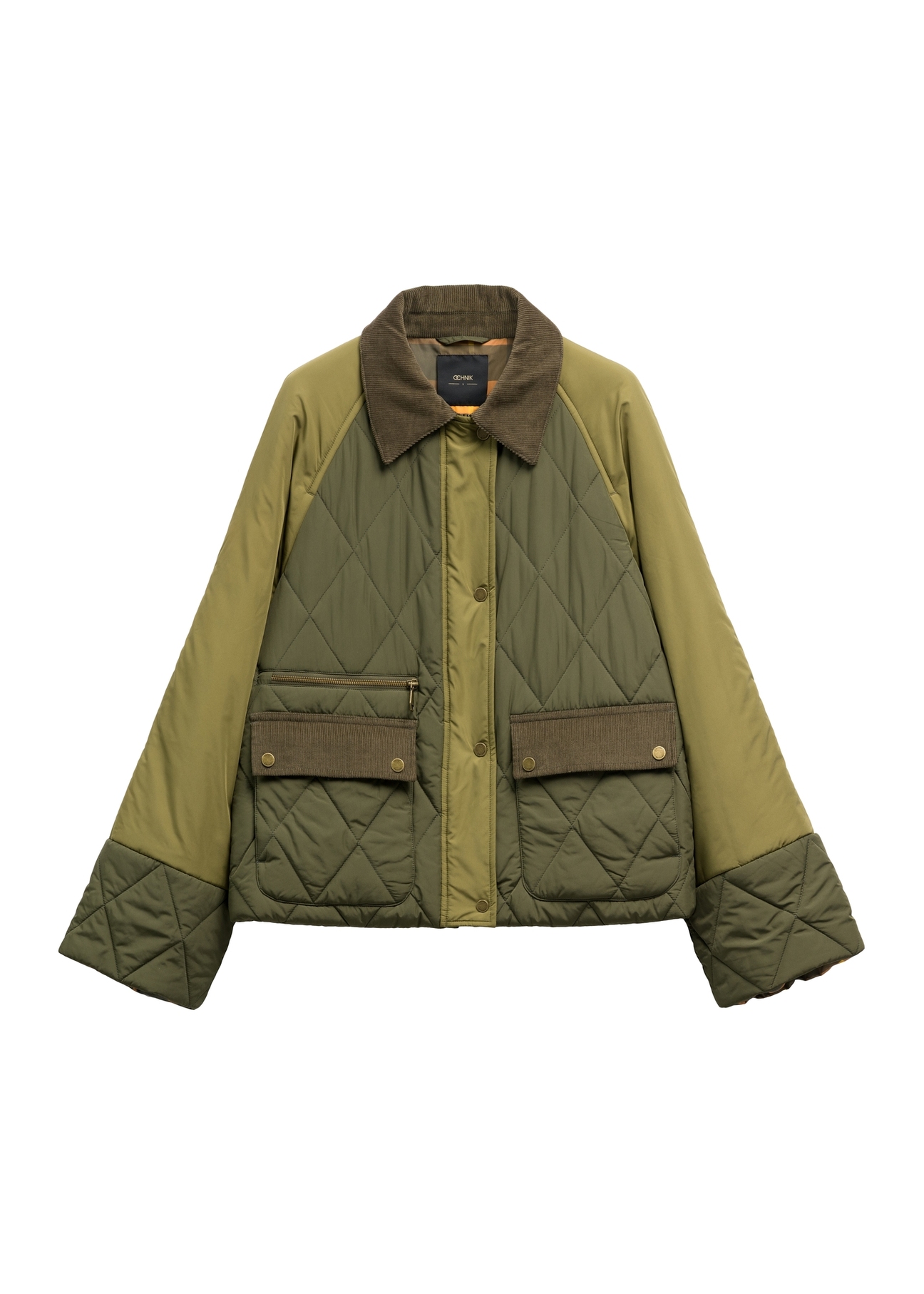 Dámska khaki bunda KURDT-0665-8B(Z26) - pohľad spredu na produkt, na bielom pozadí.