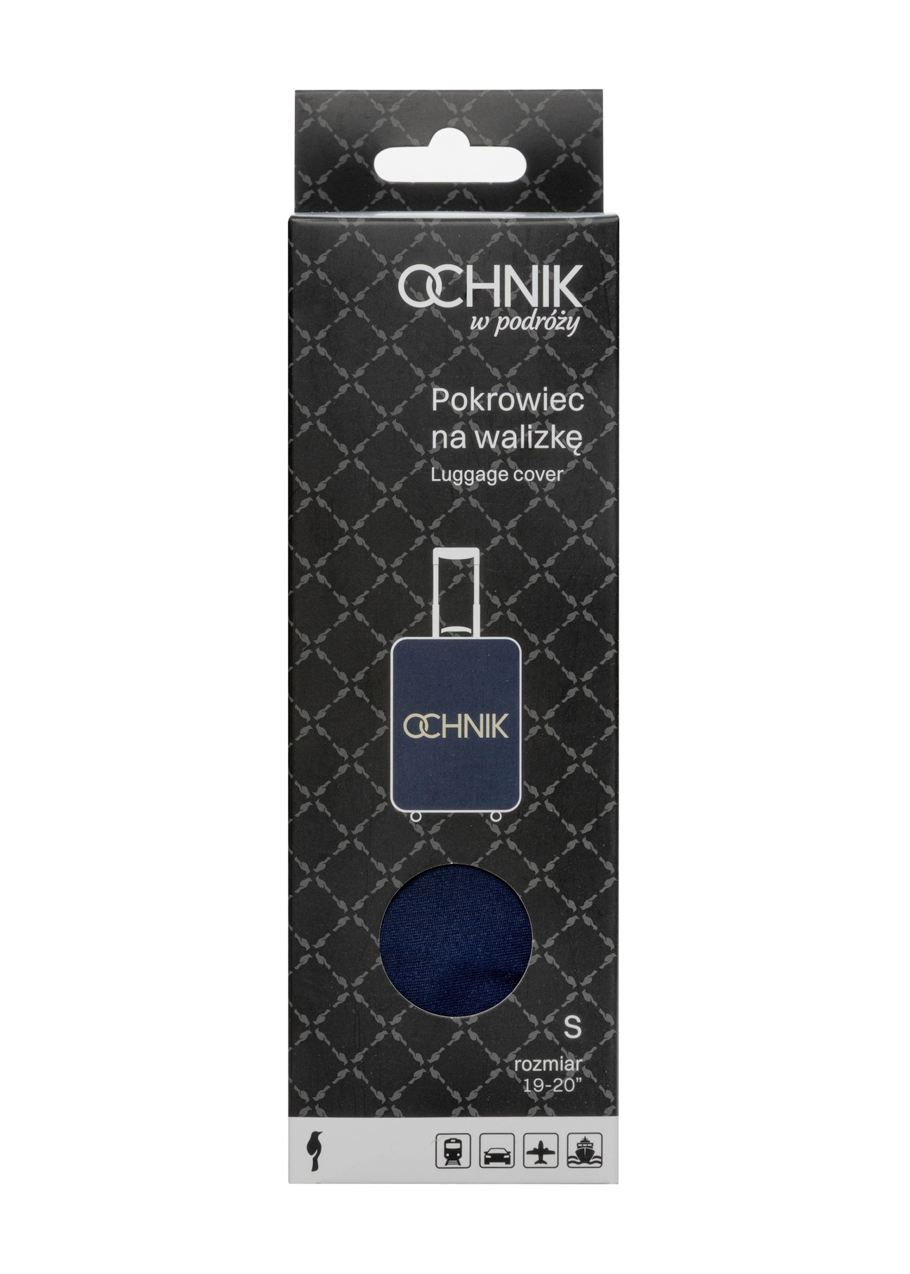 Námornícky modrý obal na malý kufor AW-013-0002-7D-S(W26), pohľad spredu na výrobok v balení.