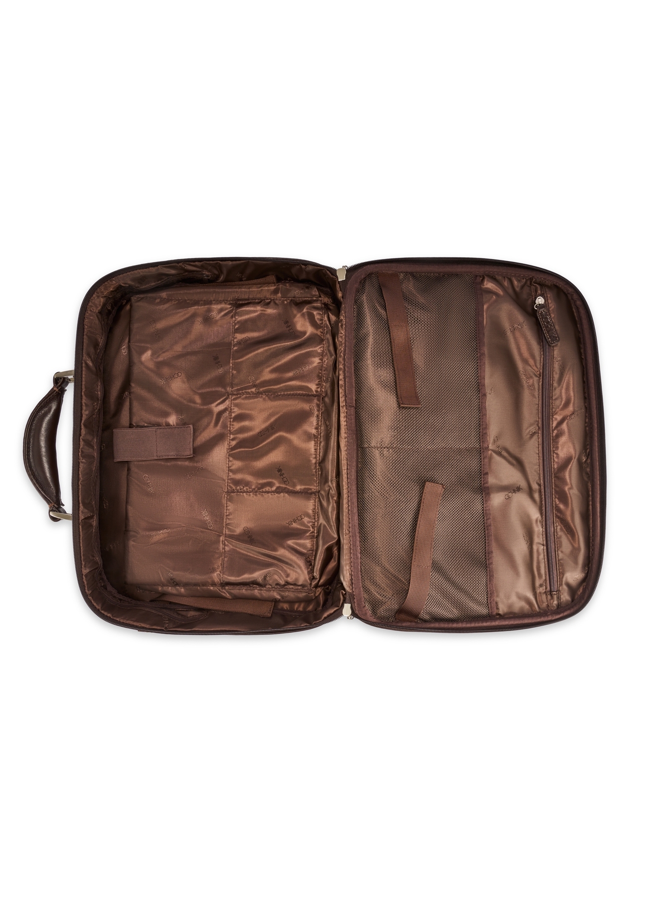 Hnedá kožená pánska taška na notebook TORMS-0482-89(Z25), pohľad na produkt zvnútra na bielom pozadí.