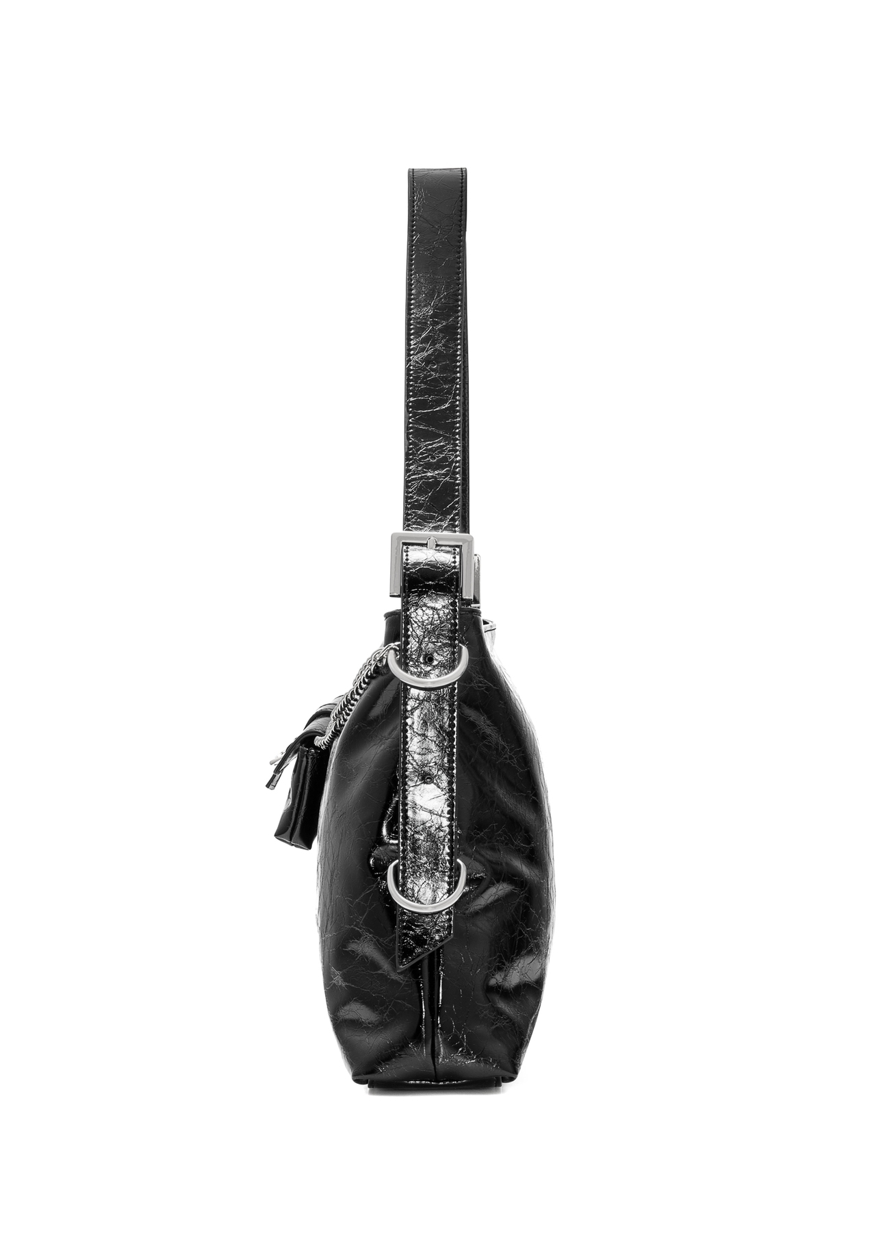 Schwarze Lackleder Damenhandtasche TOREC-1073-99(Z25), Produktansicht von der Seite auf weißem Hintergrund.