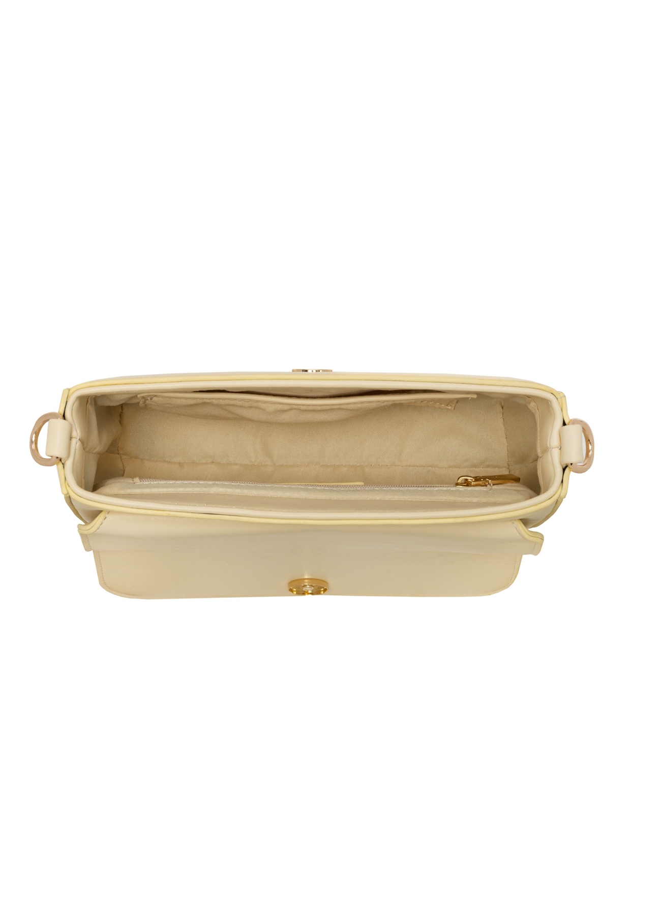 Svetložltá dámska taška cez rameno s retiazkou TOREC-0767-2A(W26), pohľad na produkt vo vnútri na bielom pozadí.