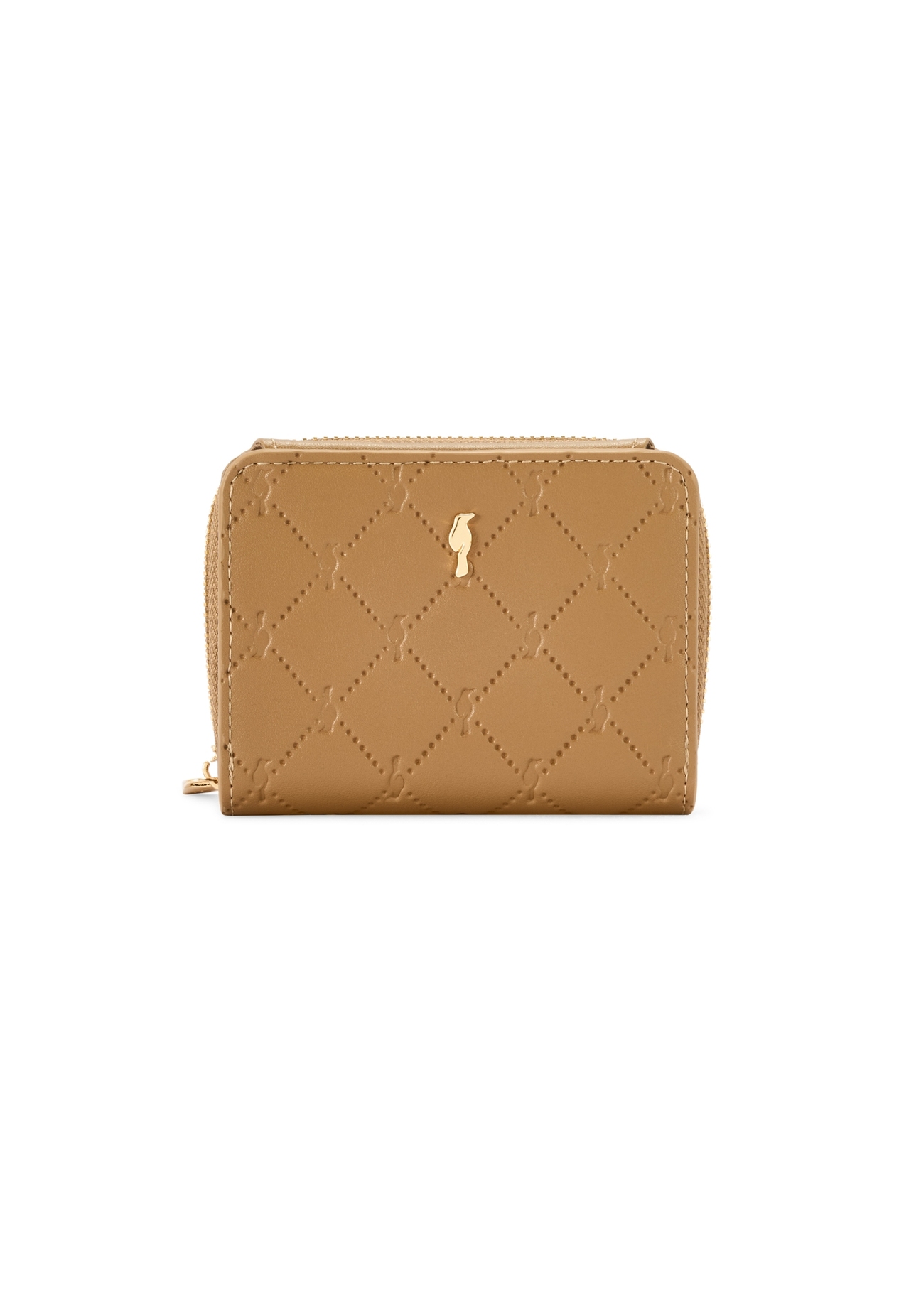 Malá béžová dámska peňaženka s monogramom POREC-0349A-81(Z25), pohľad spredu na bielom pozadí.