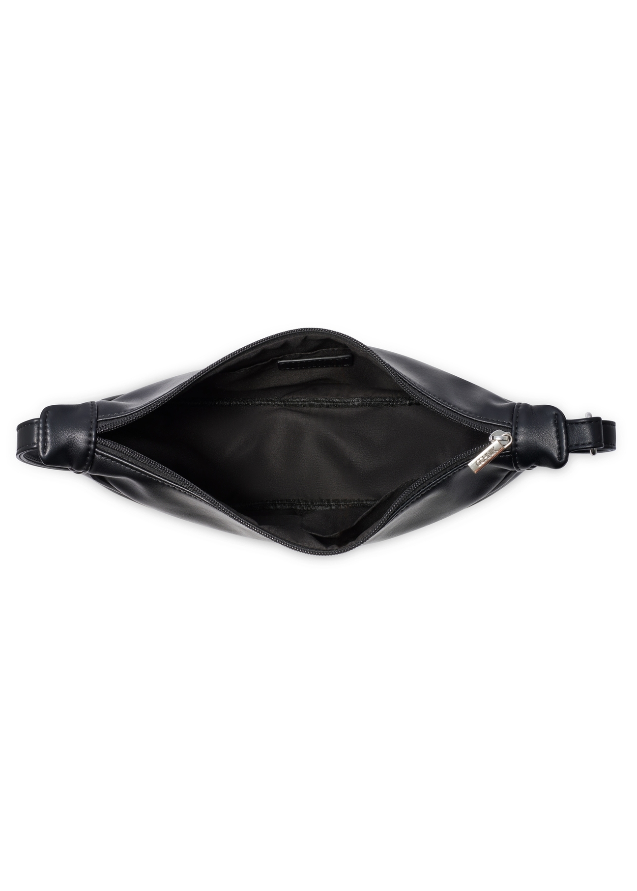 Čierna polkruhová dámska kabelka TOREC-1146-99(W26), pohľad na produkt vo vnútri na bielom pozadí.