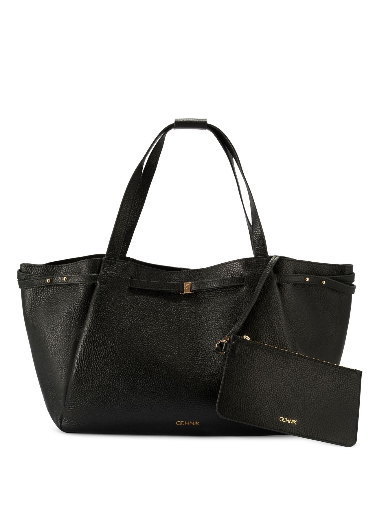 Čierna kožená nákupná taška TORES-1207-9I(W26) - pohľad spredu na produkt, na bielom pozadí.