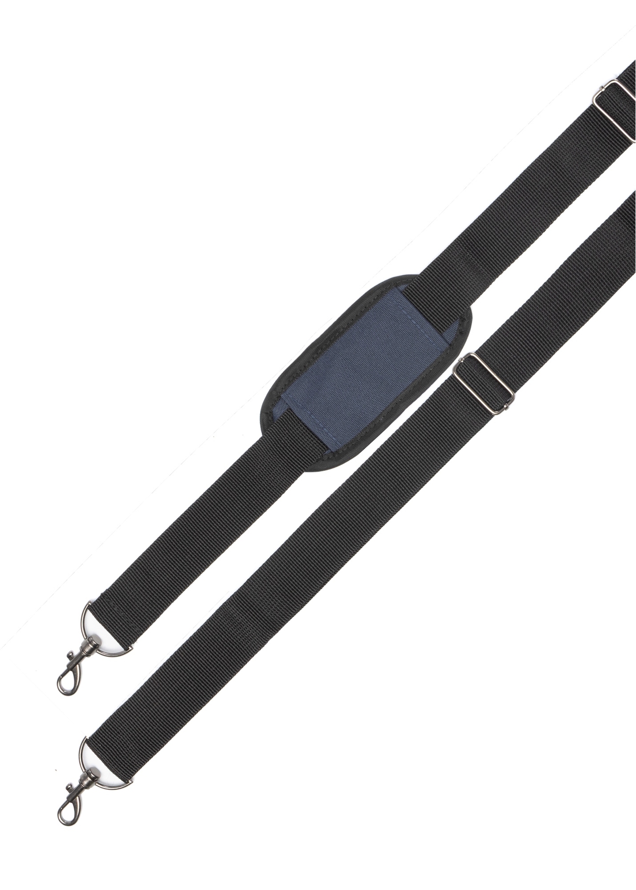 Veľká kozmetická taška v tmavomodrej farbe WALNY-0045-7D-14(W26), pohľad na popruh produktu na bielom pozadí.