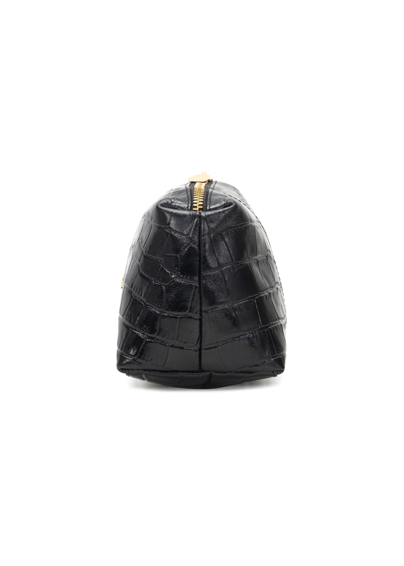Čierna kozmetická taška z krokodílej kože TORES-1235-9G(W26), bočný pohľad na produkt na bielom pozadí.