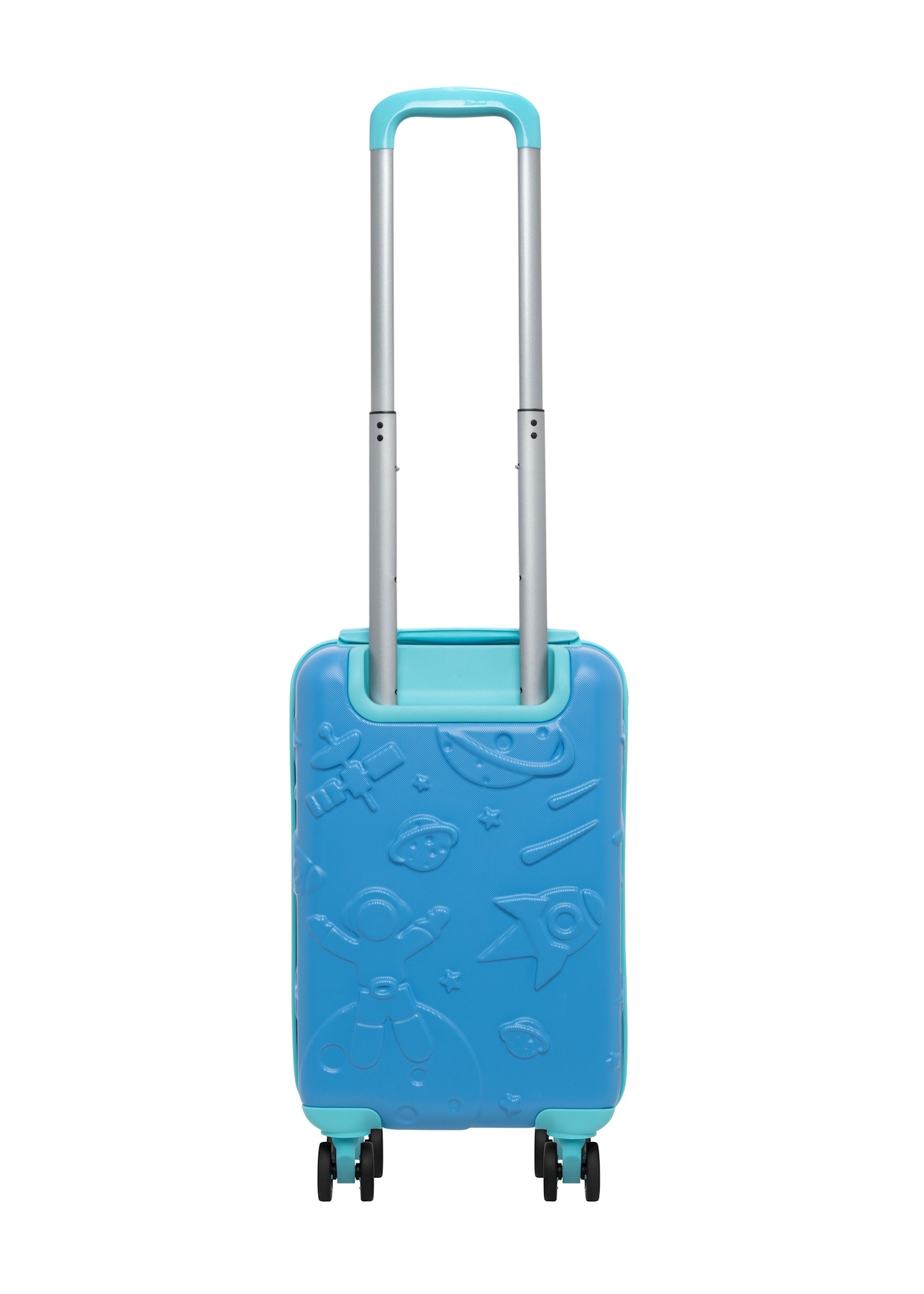 Malý modrý kufor na kolieskach WALAB-0087-7B-18(W26), pohľad na produkt zozadu na bielom pozadí.