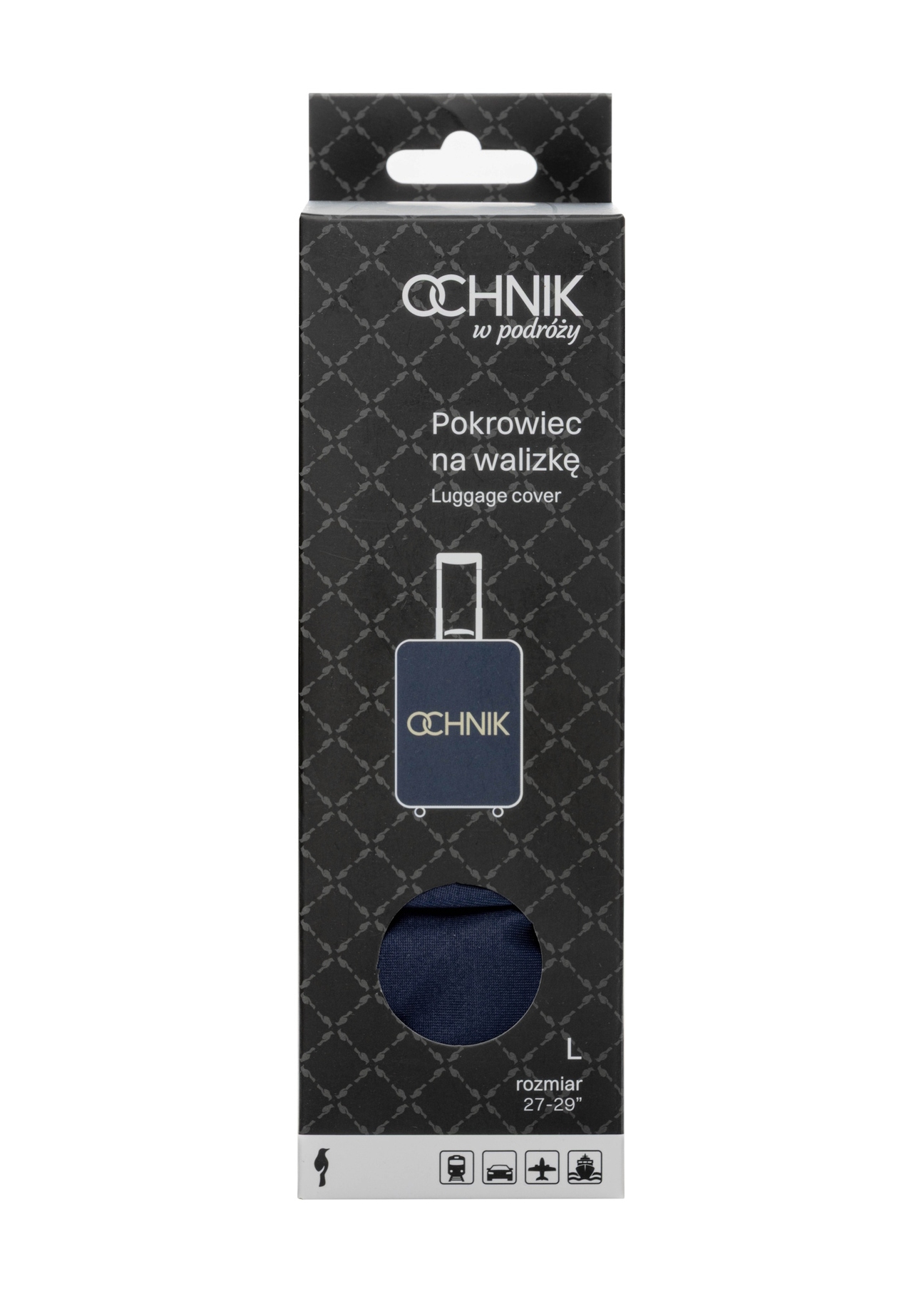 Námornícky modrý obal na veľký kufor AW-013-0002-7D-L(W26), pohľad spredu na produkt v balení.
