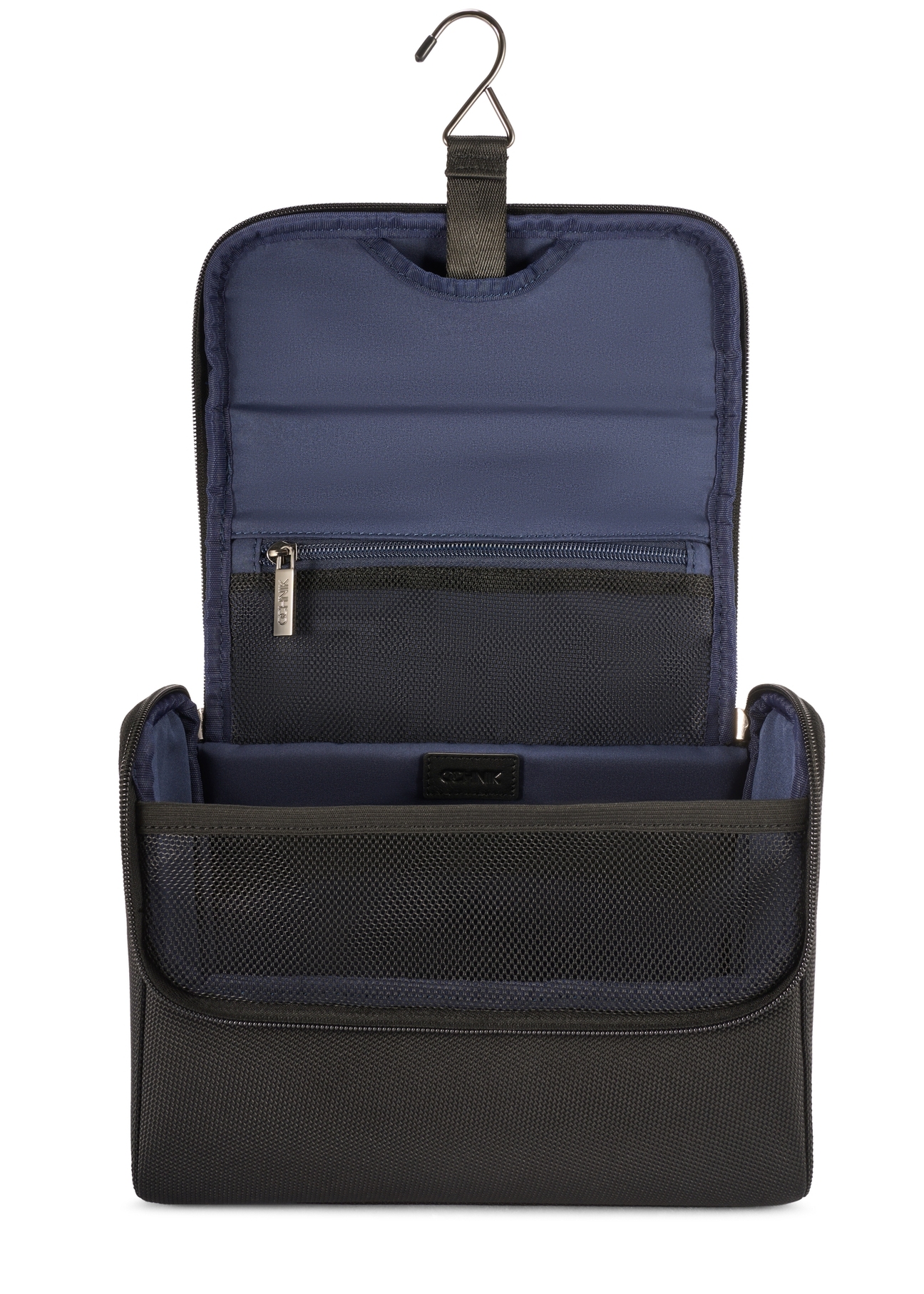 Veľká čierna pánska kozmetická taška TORMN-0405-99(W26), pohľad na produkt zvnútra na bielom pozadí.