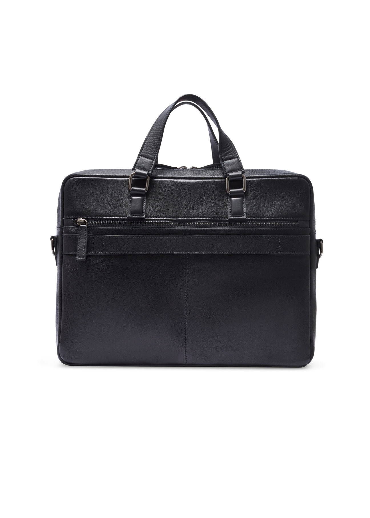 Čierna kožená taška na notebook TORMS-0496-99(W26) - pohľad na produkt zozadu, na bielom pozadí.