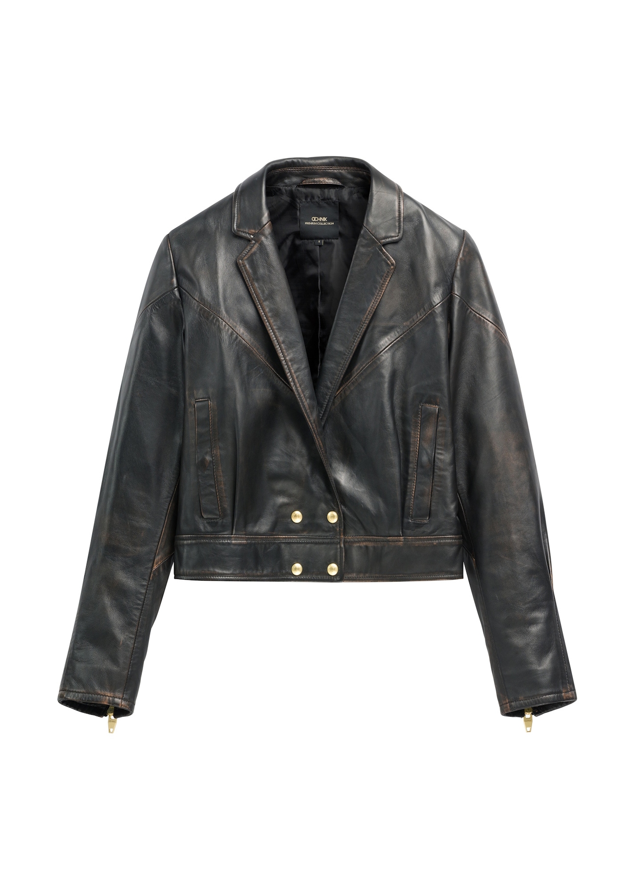 Dámska vintage krátka kožená bunda KURDS-0573-9J(W26), pohľad spredu na bielom pozadí.