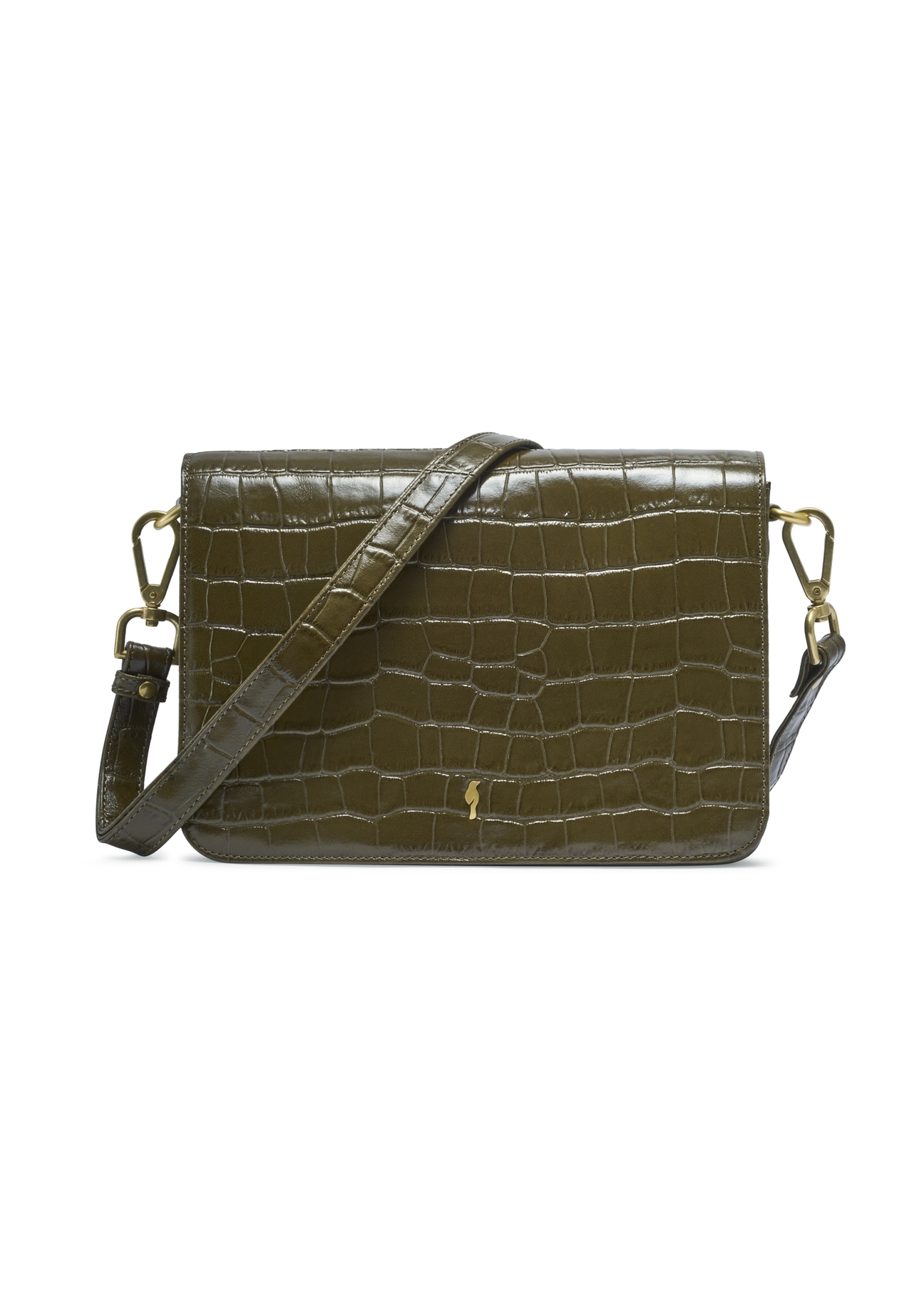 Dámska kožená kabelka v krokodílej farbe v khaki farbe TORES-1324-8D(Z26) - pohľad na produkt spredu, na bielom pozadí.