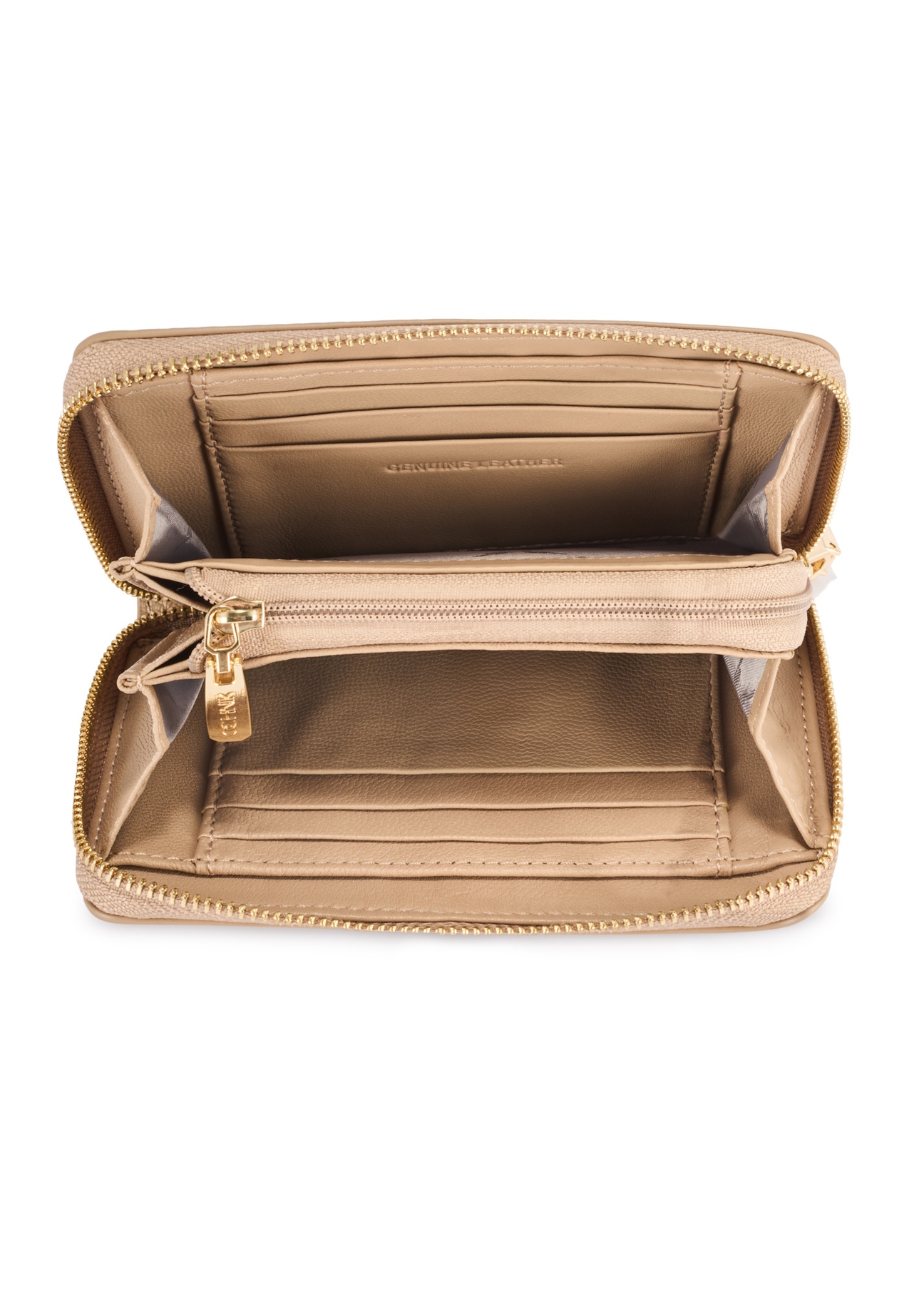 Dámska kožená peňaženka strednej veľkosti béžovej farby PORES-0898R-1B(W26), pohľad na produkt vo vnútri na bielom pozadí.