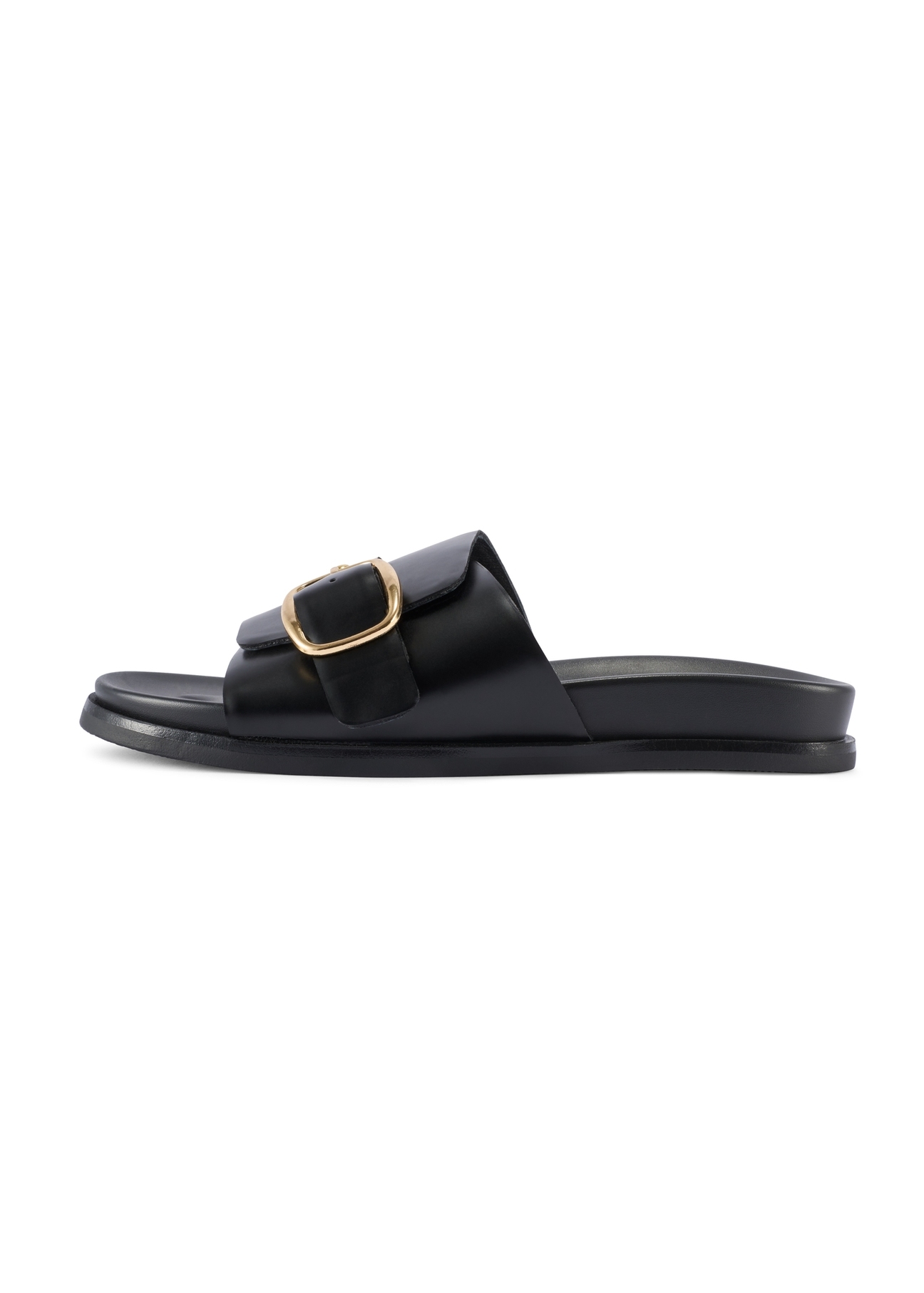 Dámske čierne kožené šľapky BUTYD-1269-99(W26), bočný pohľad na produkt na bielom pozadí.