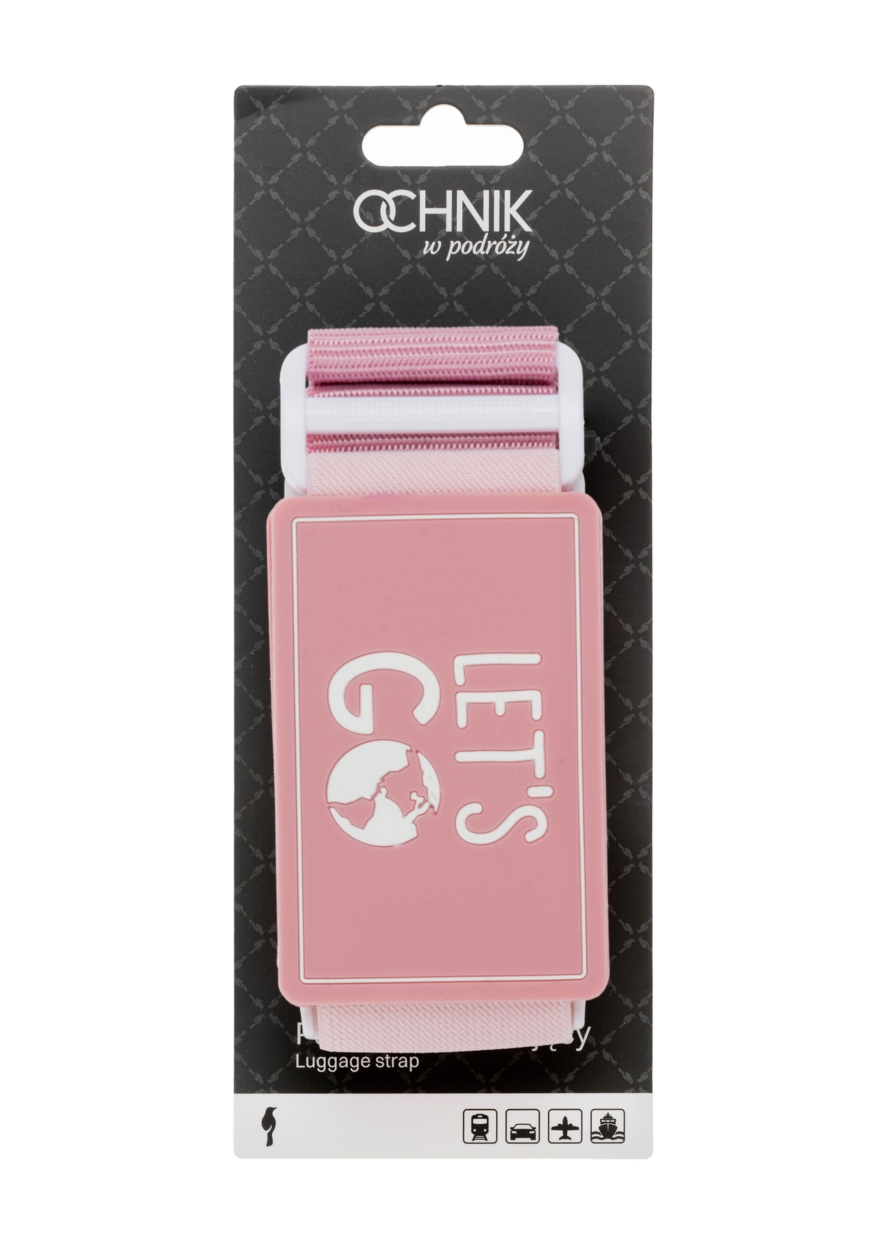 Batožinový pás v ružovej farbe AW-011-0002-5D(W26), pohľad spredu na výrobok v balení na bielom pozadí.