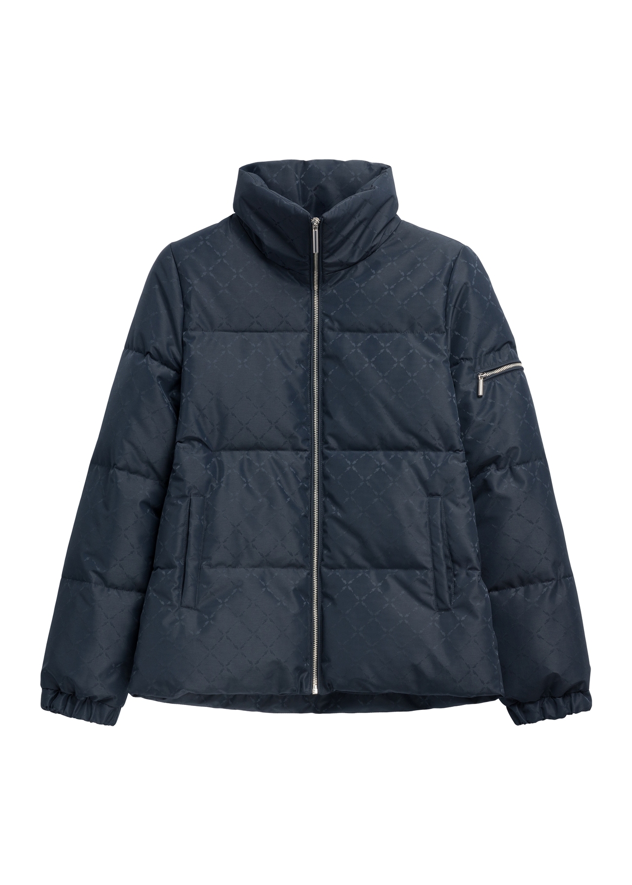 Dámska tmavomodrá bunda s monogramom a stojatým golierom KURDT-0694-7E(Z26)