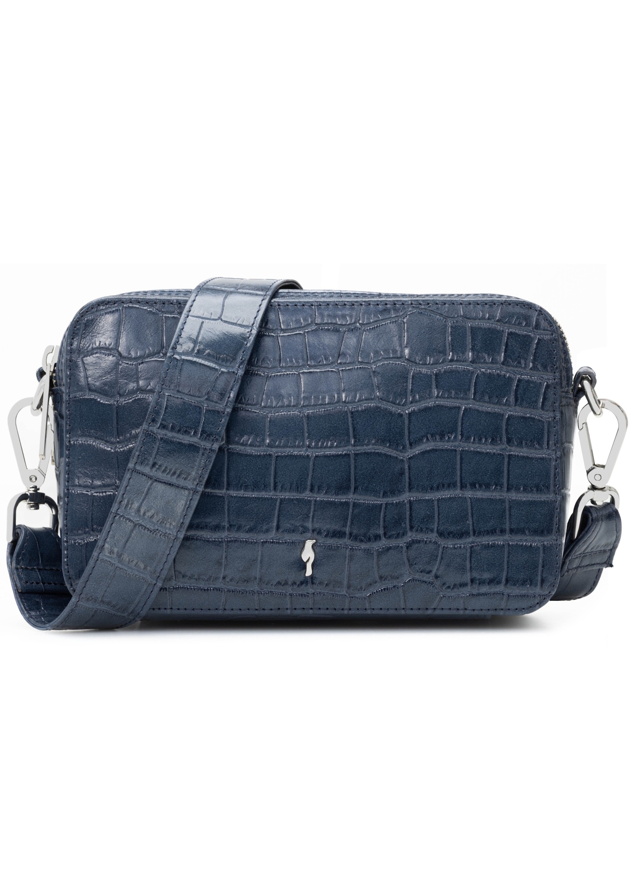 Malá tmavomodrá kožená kabelka s krokodílím vzorom TORES-1231-7D(W26), pohľad spredu na bielom pozadí.