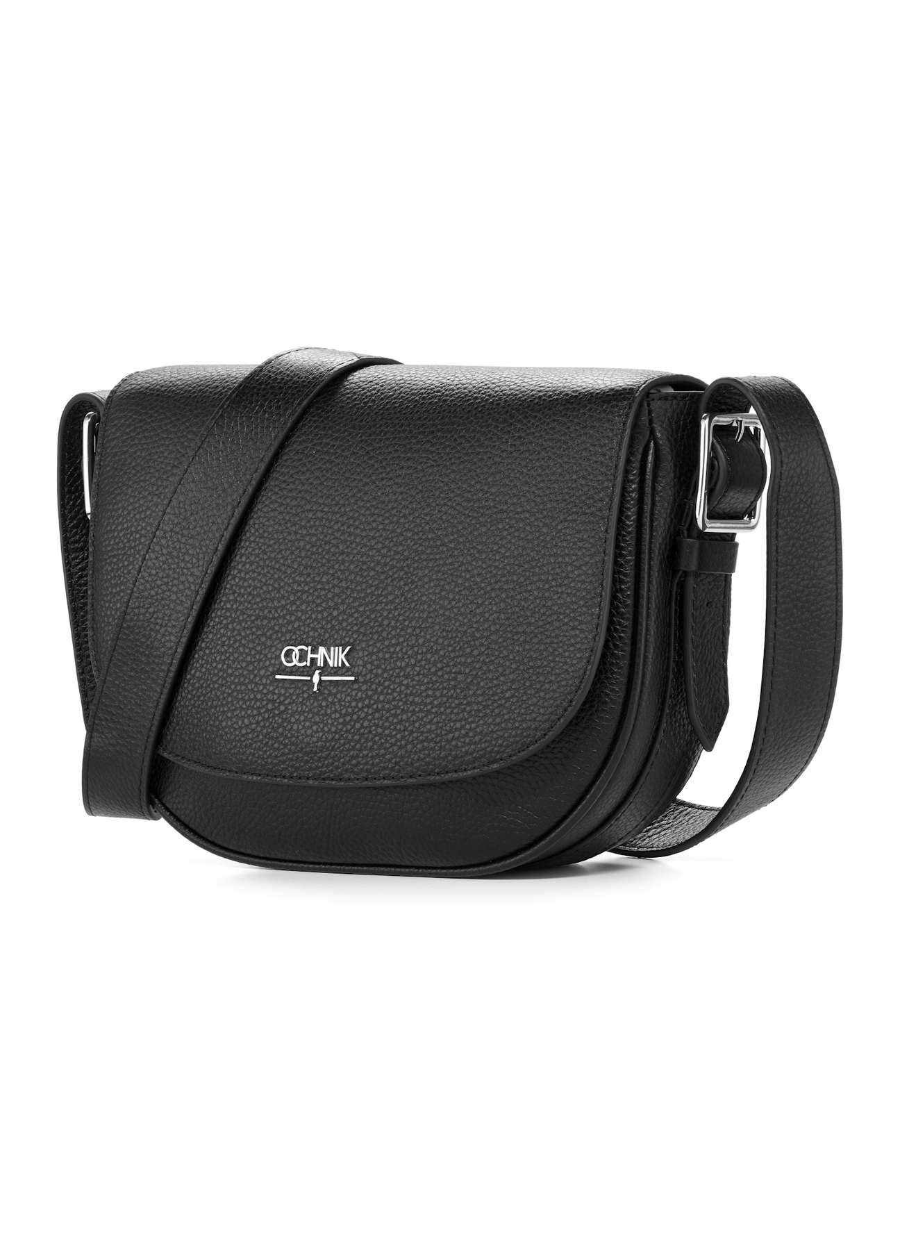 Čierna kožená dámska kabelka cez rameno TORES-1218-9I(W26), diagonálny pohľad na produkt na bielom pozadí.