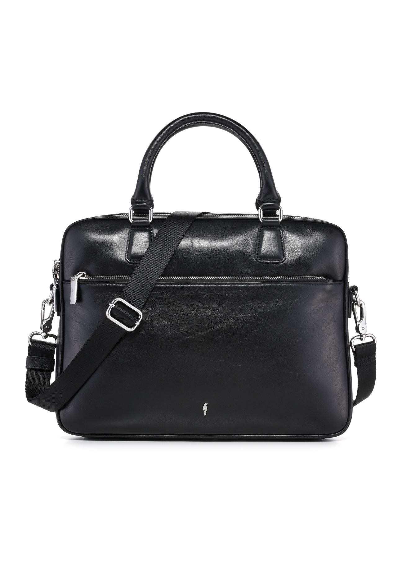 Čierna kožená taška na notebook TORES-1227-99(W26), pohľad spredu na bielom pozadí.