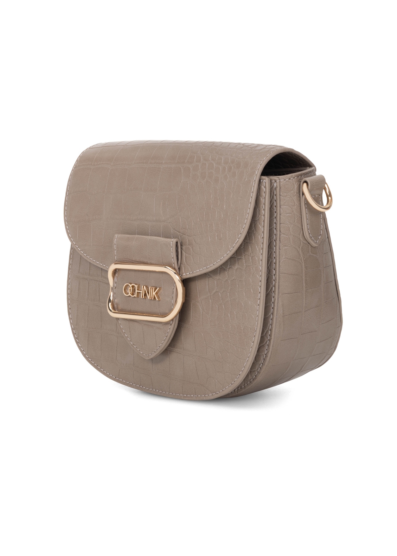 Dámska béžová kabelka cez rameno z krokodílej kože TOREC-0880-1D(W26), diagonálny pohľad na produkt na bielom pozadí.