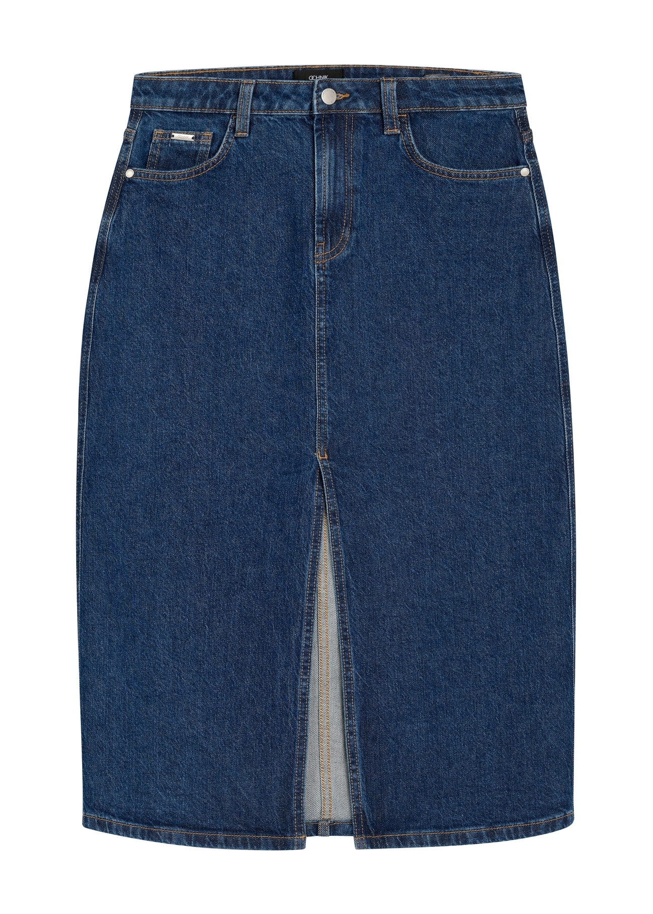 Rifľová midi sukňa SPCDT-0119-7H(W26), pohľad spredu na bielom pozadí.