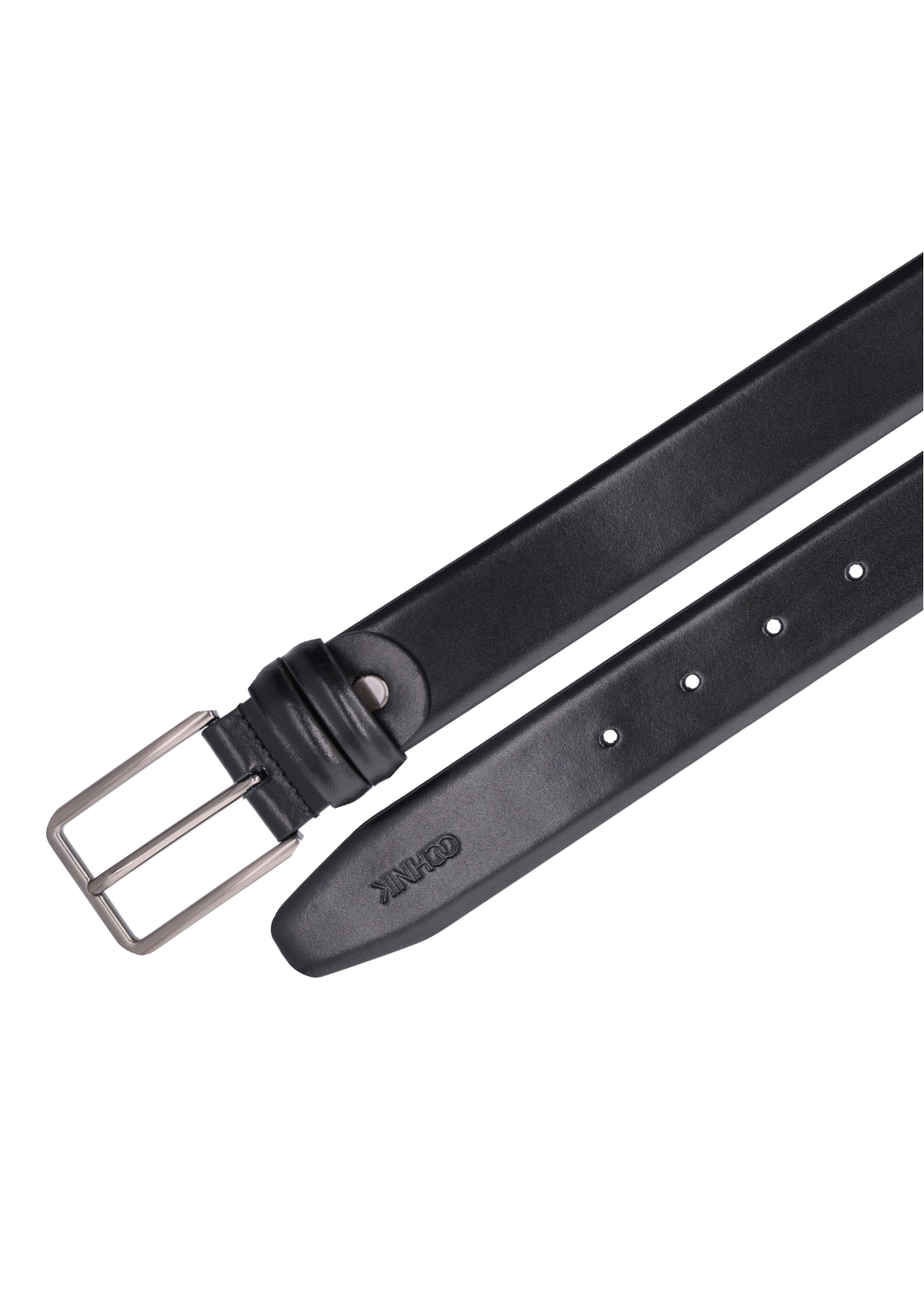 Pánsky čierny kožený opasok PASMS-0284-99(Z26), pohľad zhora na produkt na bielom pozadí.