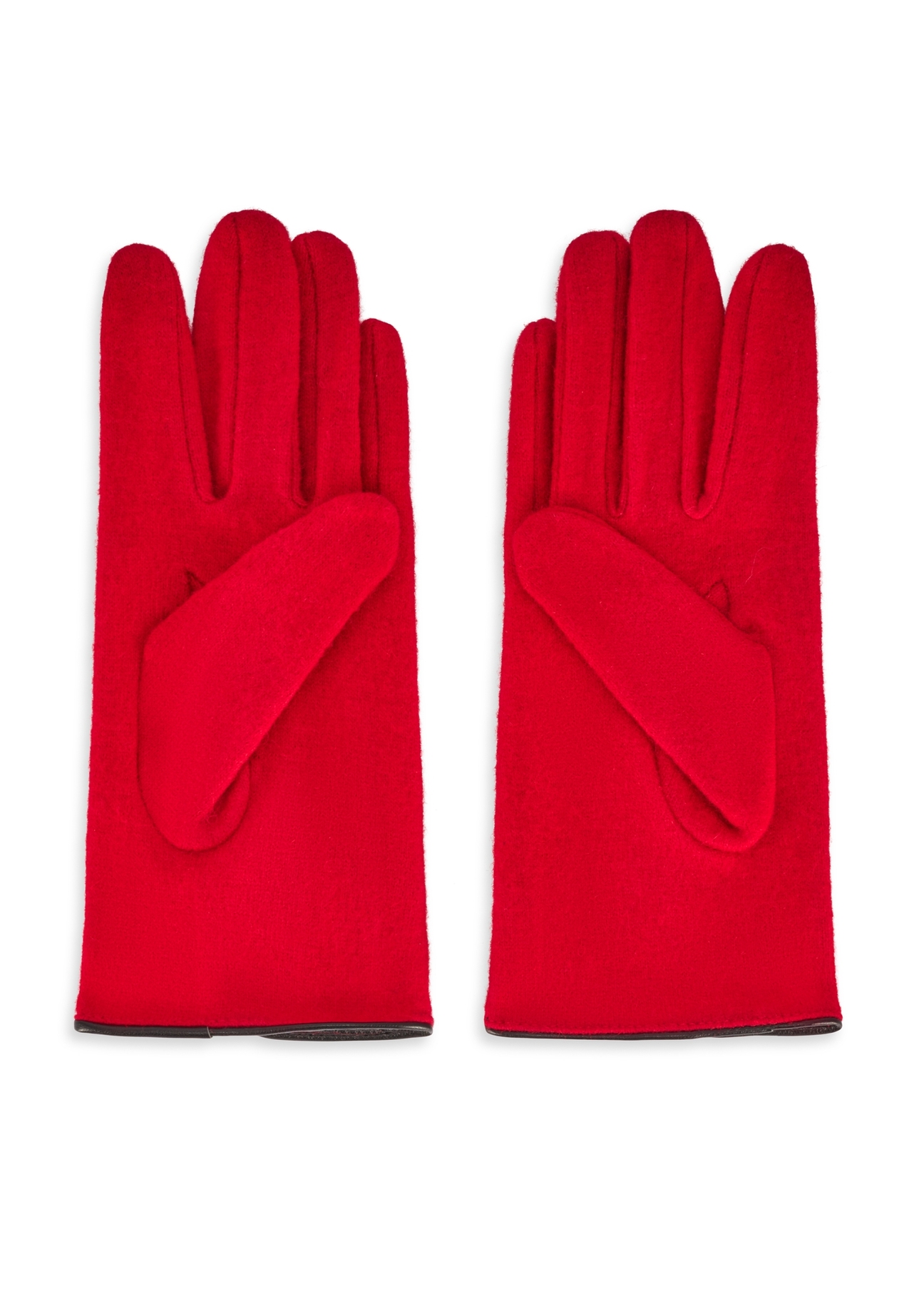 Červené vlnené dámske rukavice REKDT-0027 A-42(Z 25), pohľad na produkt zozadu na bielom pozadí.
