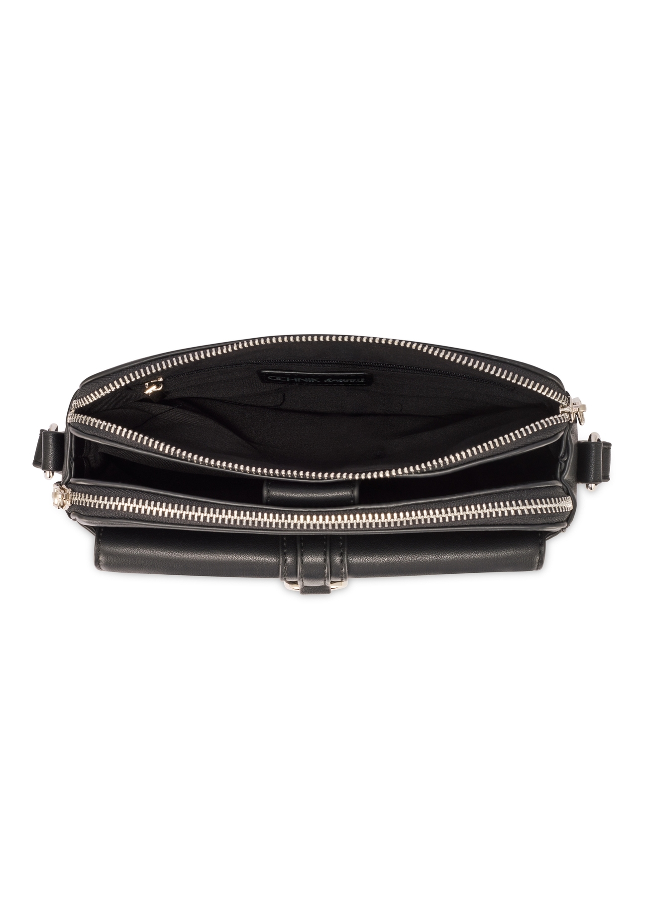 Čierna malá dámska kabelka TOREC-1175-99(W26) - pohľad na produkt zhora, na bielom pozadí.