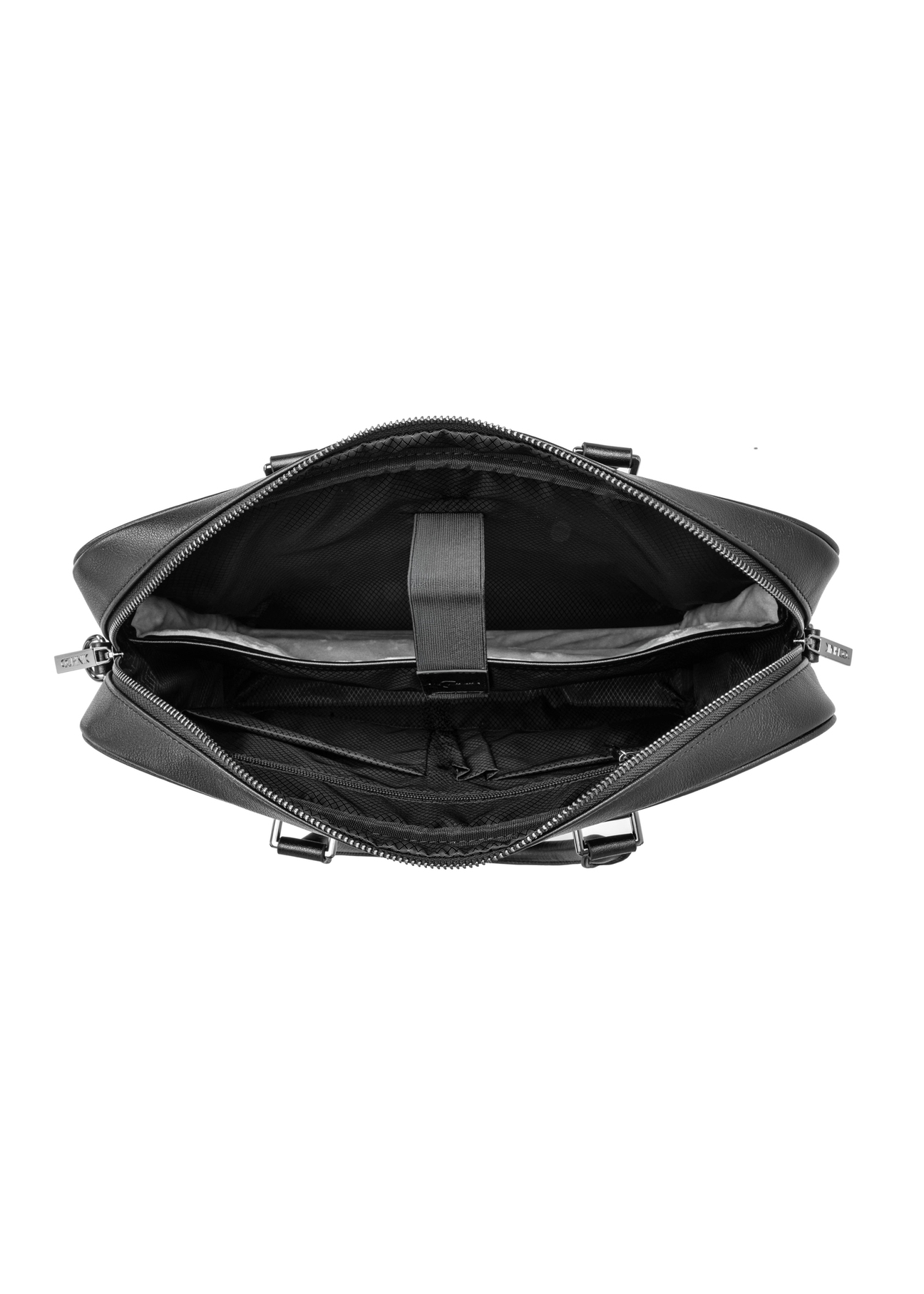 Čierna kožená taška na notebook TORMS-0494-99(W26) - pohľad na produkt zhora, na bielom pozadí.