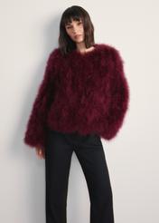 Dámska bunda z morčacieho peria FUTDF-0097A-3183(Z25), pohľad spredu na výrobok na modelke. Viditeľná polovica siluety.