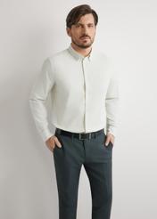 Pánska bavlnená košeľa s pruhmi v šalviovej farbe KOSMT-0354-8F(W26) - pohľad spredu na produkt, modelovaný, na svetlom pozadí. Viditeľná silueta po kolená.