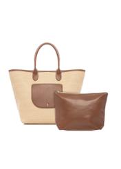 Veľká dámska slamená kabelka TOREC-1229-1E(W26), pohľad spredu na produkt s kozmetickou taštičkou, na bielom pozadí.