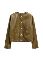 Dámska krátka khaki kožená bunda KURDS-0590-8D(W26) - pohľad spredu na produkt, na bielom pozadí.